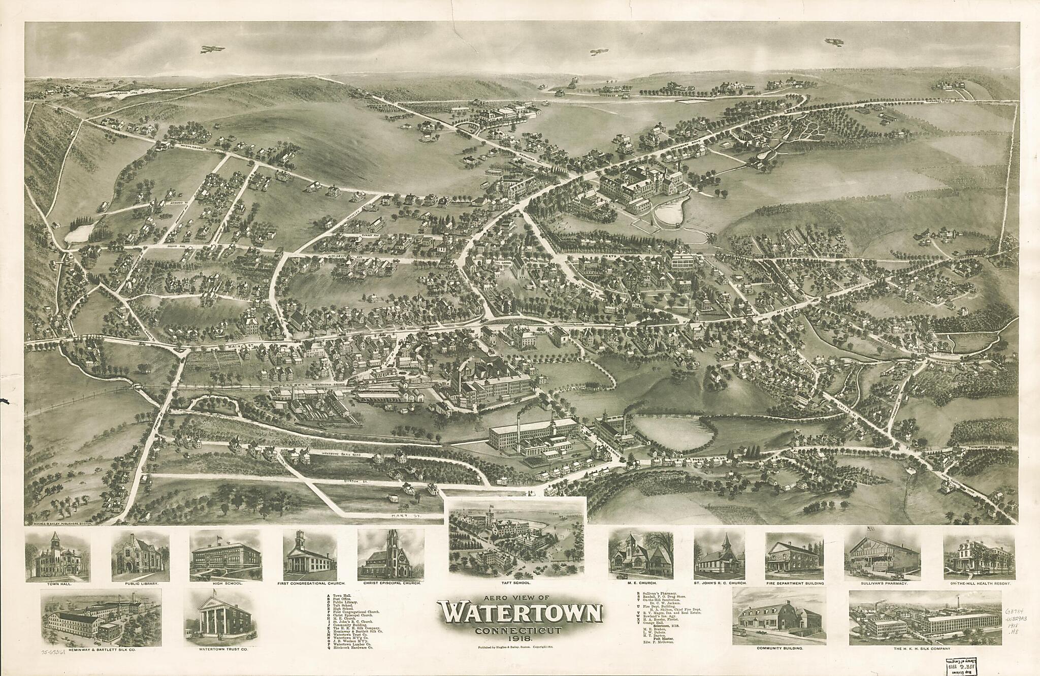 This old map of Aero View of Watertown, Connecticut from 1918 was created by Hughes & Bailey in 1918