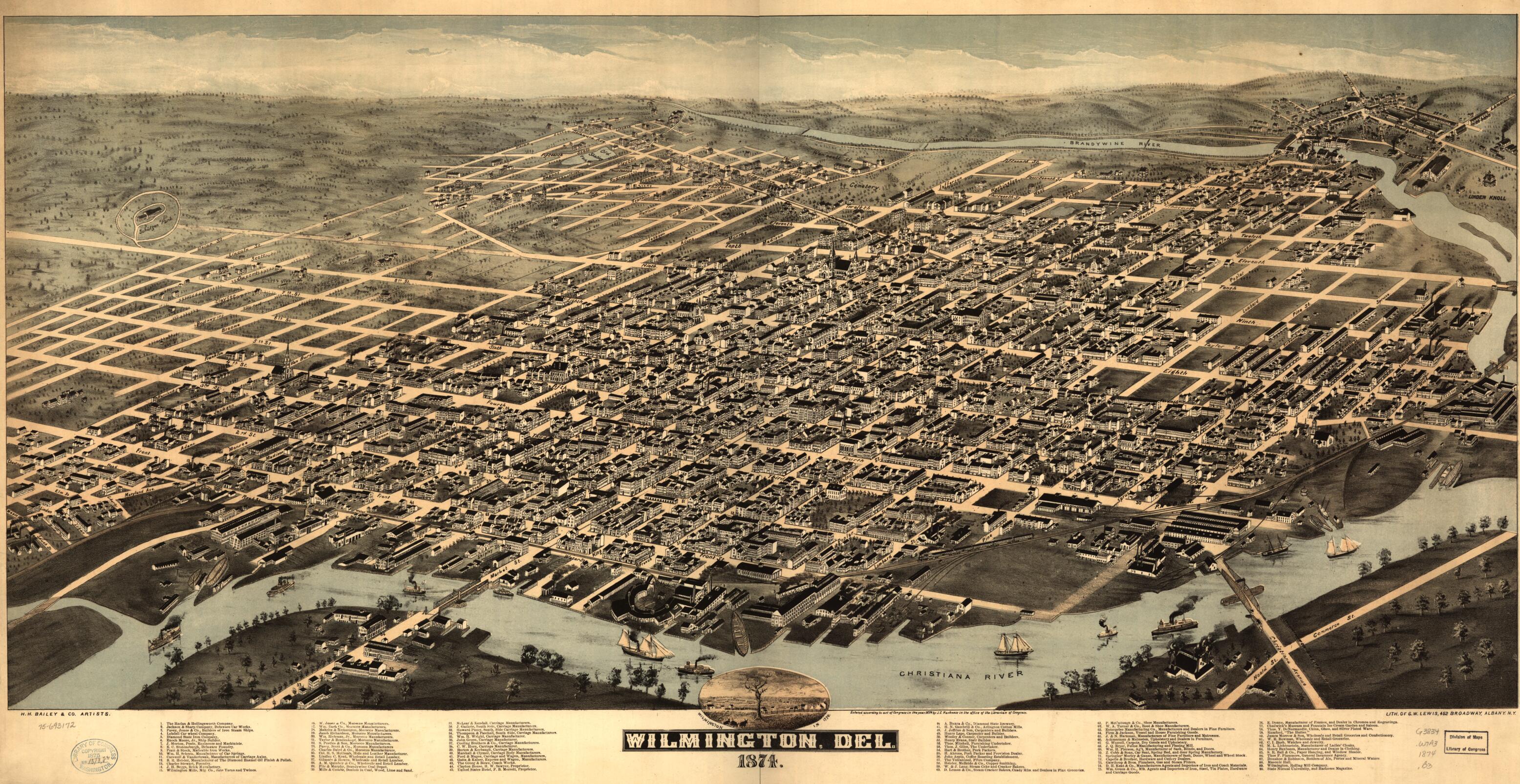 This old map of Wilmington, Del. from 1874 was created by H.H. Bailey & Co, John C. Harkness, George W. Lewis in 1874