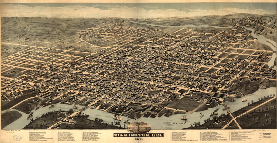This old map of Wilmington, Del. from 1874 was created by H.H. Bailey & Co, John C. Harkness, George W. Lewis in 1874