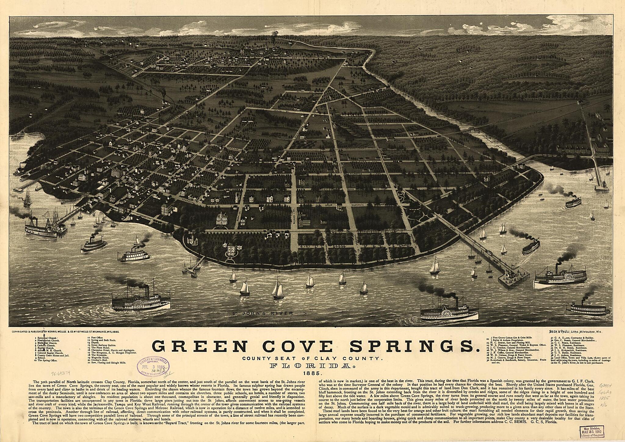 This old map of Green Cove Springs, County Seat of Clay County, Florida. from 1885 was created by Beck & Pauli, Wellge & Co Norris in 1885
