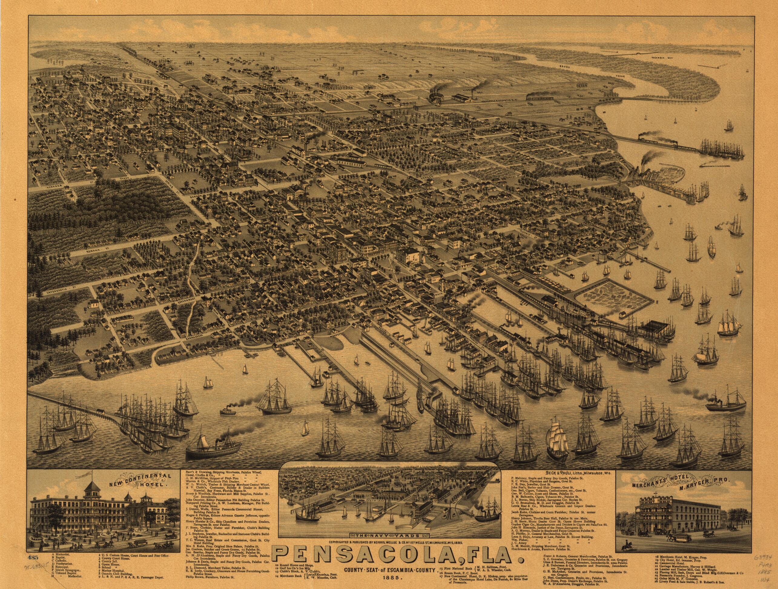 This old map of Pensacola, Florida County Seat of Escambia County from 1885 was created by Beck & Pauli, Wellge & Co Norris, H. (Henry) Wellge in 1885