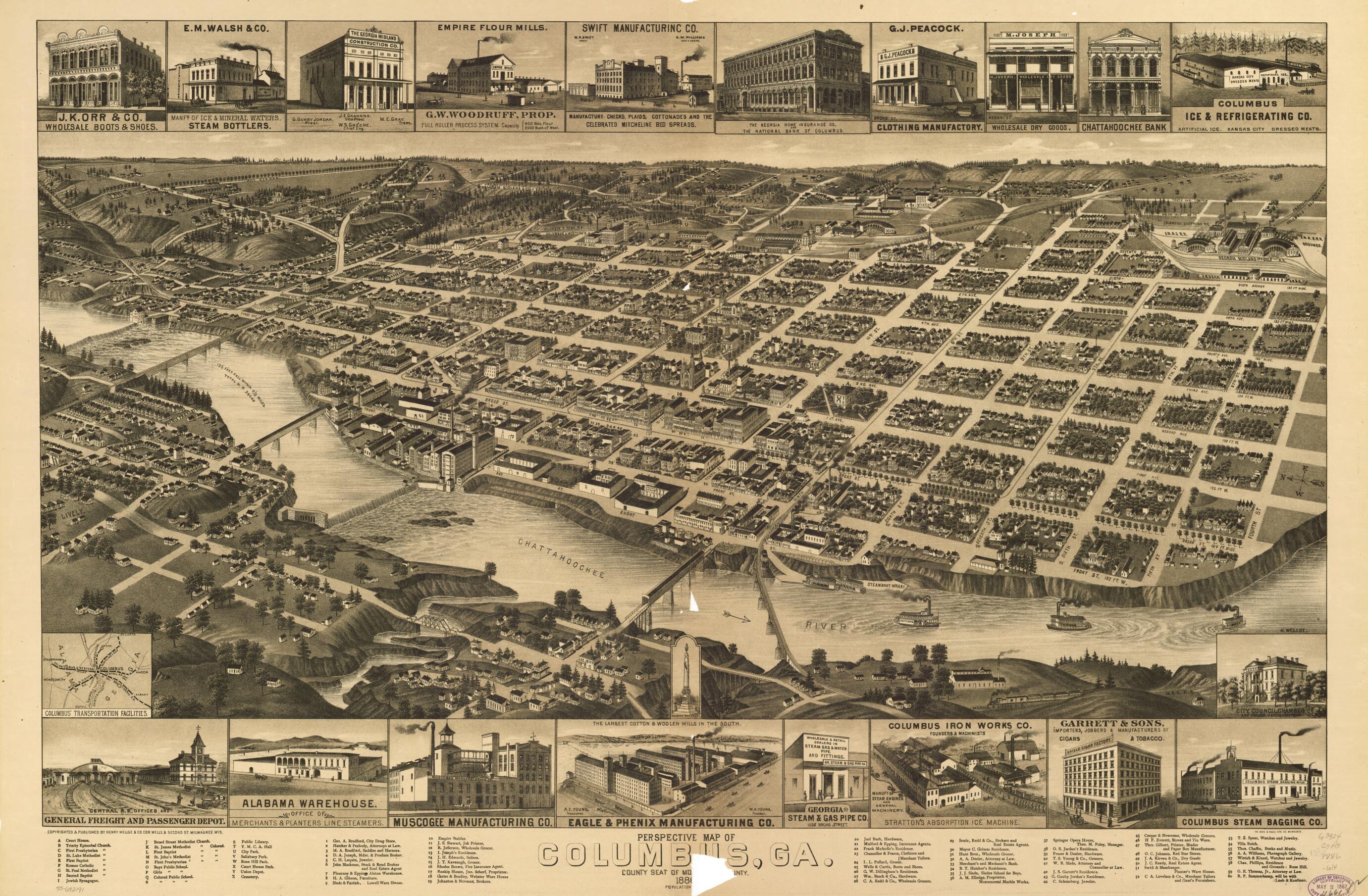 This old map of Perspective Map of Columbus, Georgia, County Seat of Muscogee County, from 1886 from 1886 was created by Beck & Pauli, Henry Wellge & Co, H. (Henry) Wellge in 1886