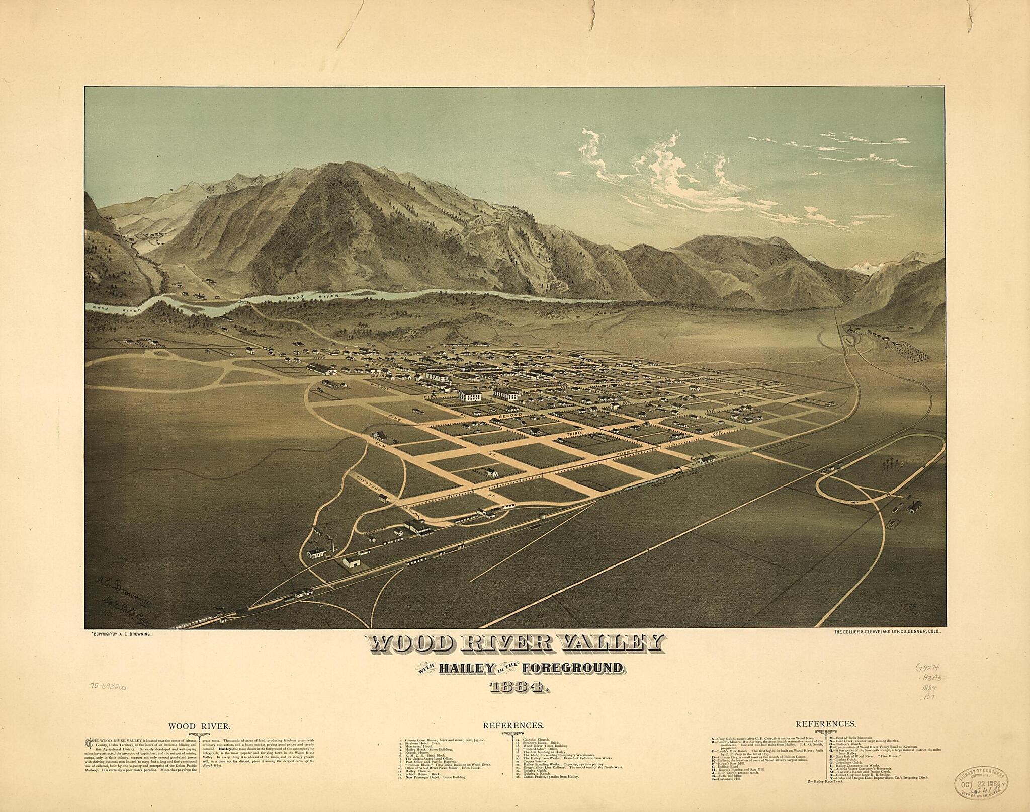 This old map of Wood River Valley With Hailey In the Foreground, from 1884 was created by A. E. Browning, Collier & Cleaveland Lith. Co in 1884