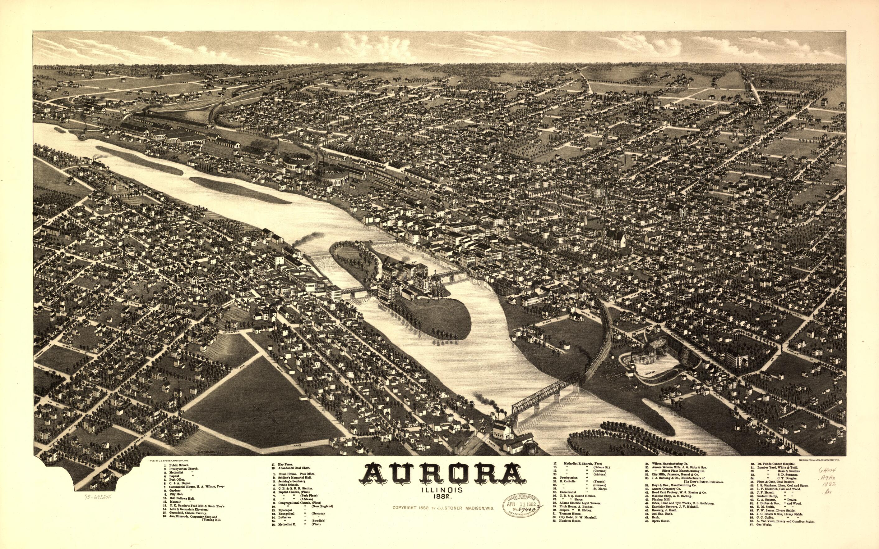 This old map of Aurora, Illinois from 1882 was created by Beck & Pauli, H. Brosius, J. J. Stoner in 1882