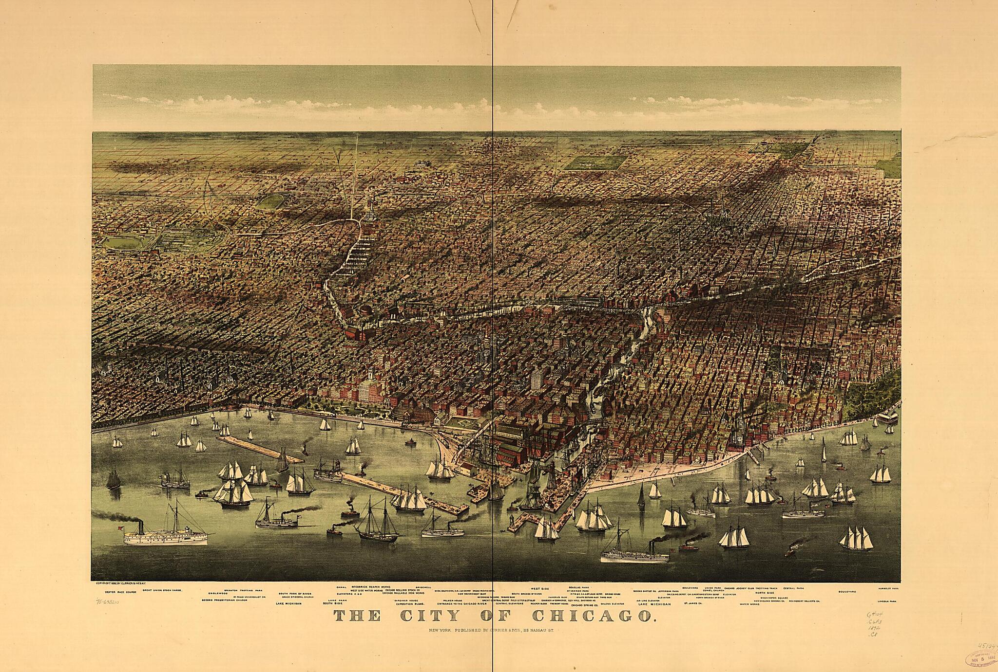This old map of The City of Chicago from 1892 was created by Currier & Ives in 1892