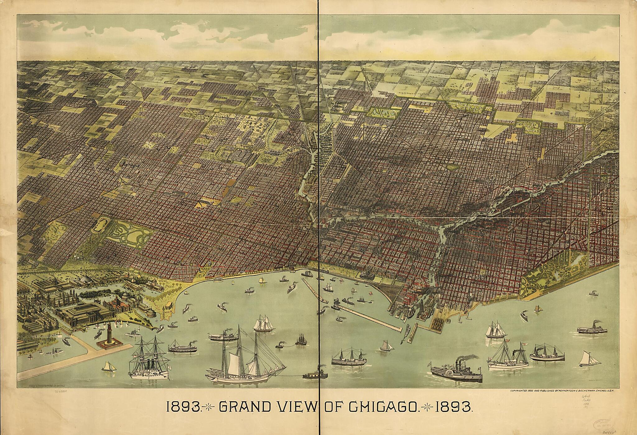 This old map of Grand View of Chicago from 1893 was created by Eagle Lithographing Co, Reynertson & Beckerman, Th Treutlein in 1893