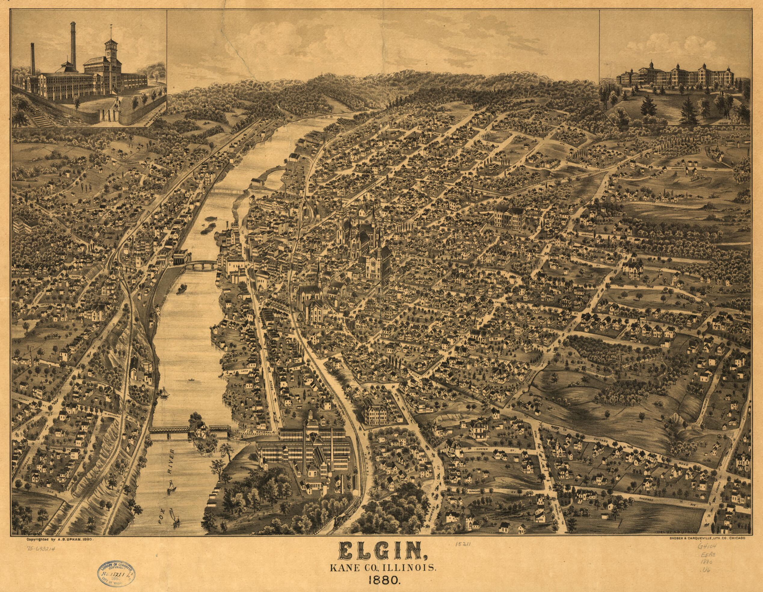 This old map of Elgin, Kane County, Illinois from 1880 was created by Shober & Carqueville, A. B. Upham in 1880
