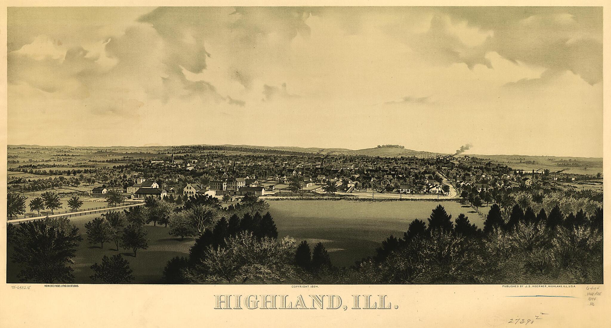 This old map of Highland, Ill from 1894 was created by Fiegel Litho. Co, John Simon Hoerner in 1894