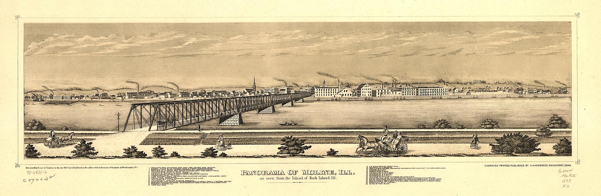 This old map of Panorama of Moline, Ill. As Seen from the Island of Rock Island, Ill from 1873 was created by August Hageboeck in 1873
