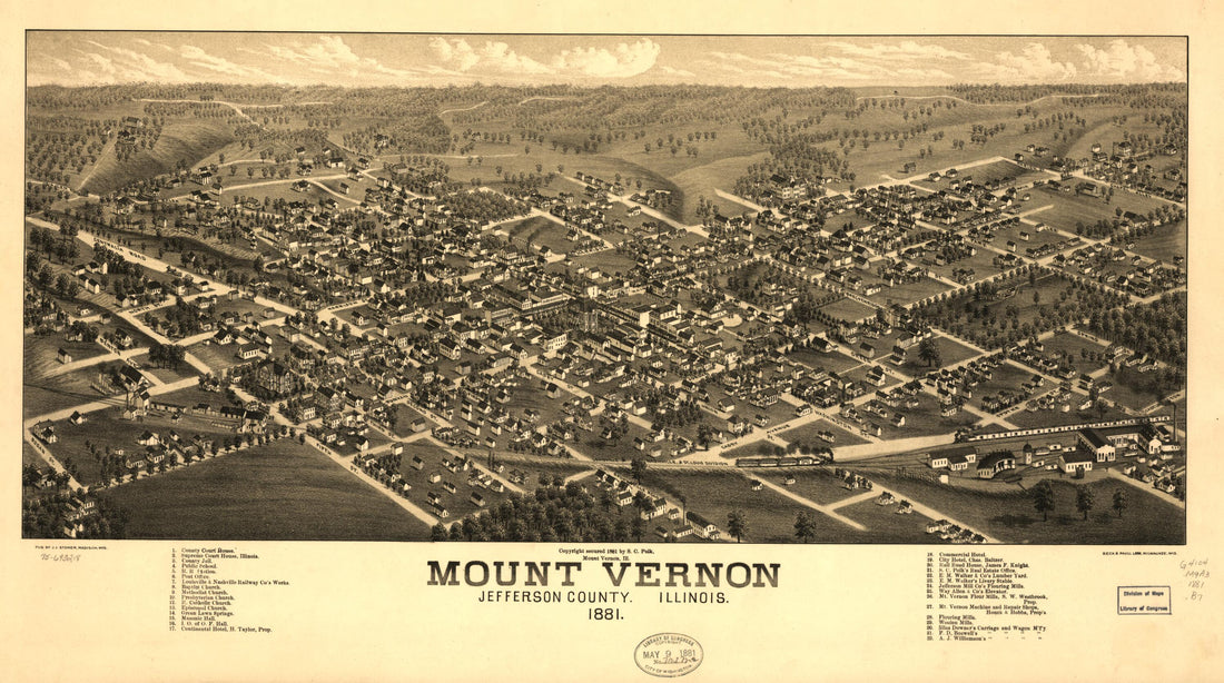 This old map of Mount Vernon, Jefferson County, Illinois from 1881 was created by Beck & Pauli, H. Brosius, S. C. Polk, J. J. Stoner in 1881