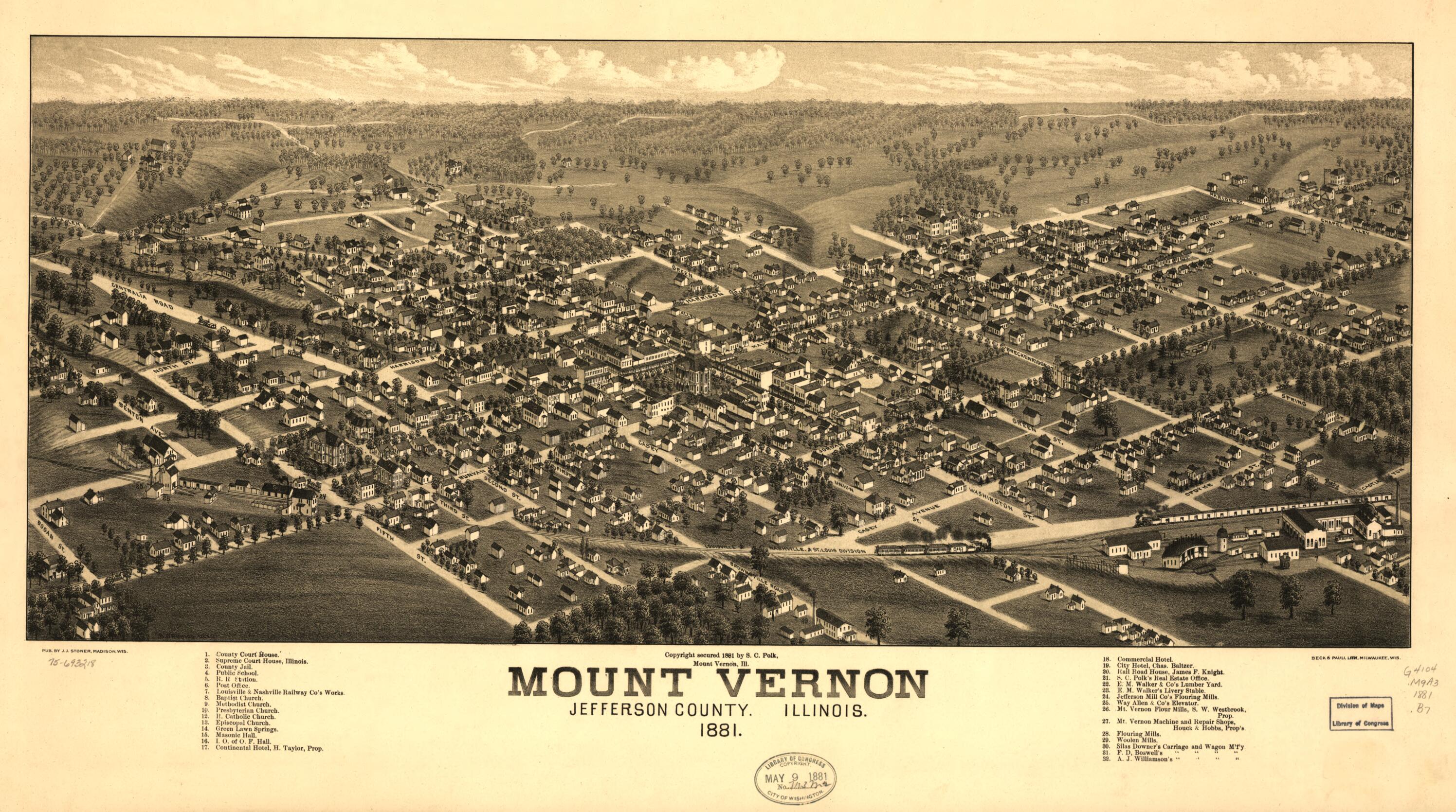 This old map of Mount Vernon, Jefferson County, Illinois from 1881 was created by Beck & Pauli, H. Brosius, S. C. Polk, J. J. Stoner in 1881