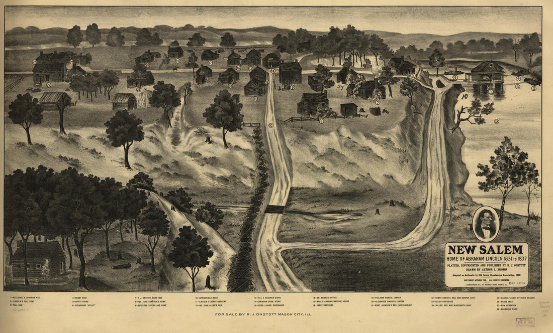 This old map of New Salem, Home of Abraham Lincoln 1831 to from 1837 was created by Arthur L. Brown, Franks (J.W.) & Sons, R. J. Onstott in 1837