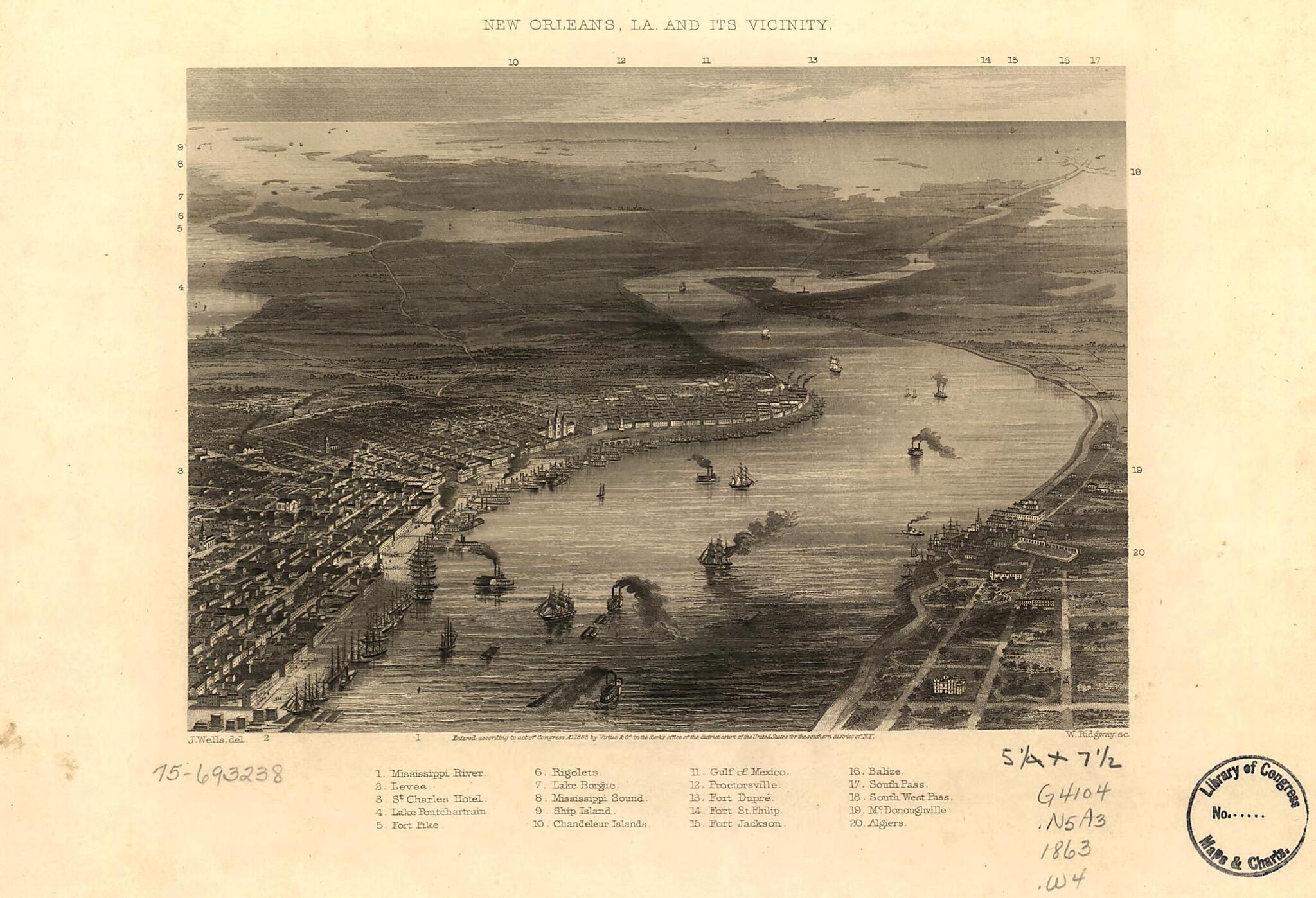 This old map of New Orleans, La. and Its Vicinity from 1863 was created by W. Ridgway, Virtue & Co, J. Wells in 1863