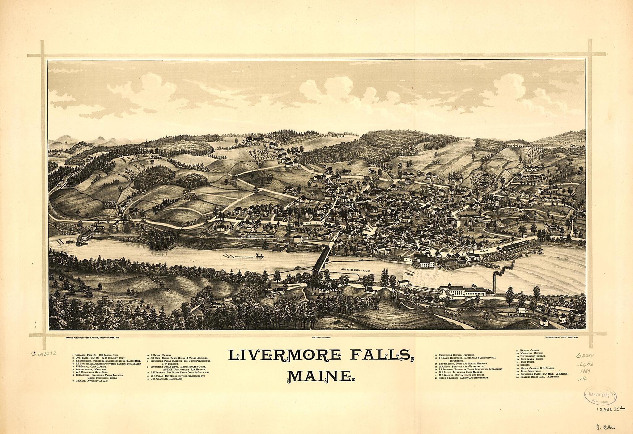 This old map of Livermore Falls, Maine from 1889 was created by Burleigh Litho, George E. Norris in 1889