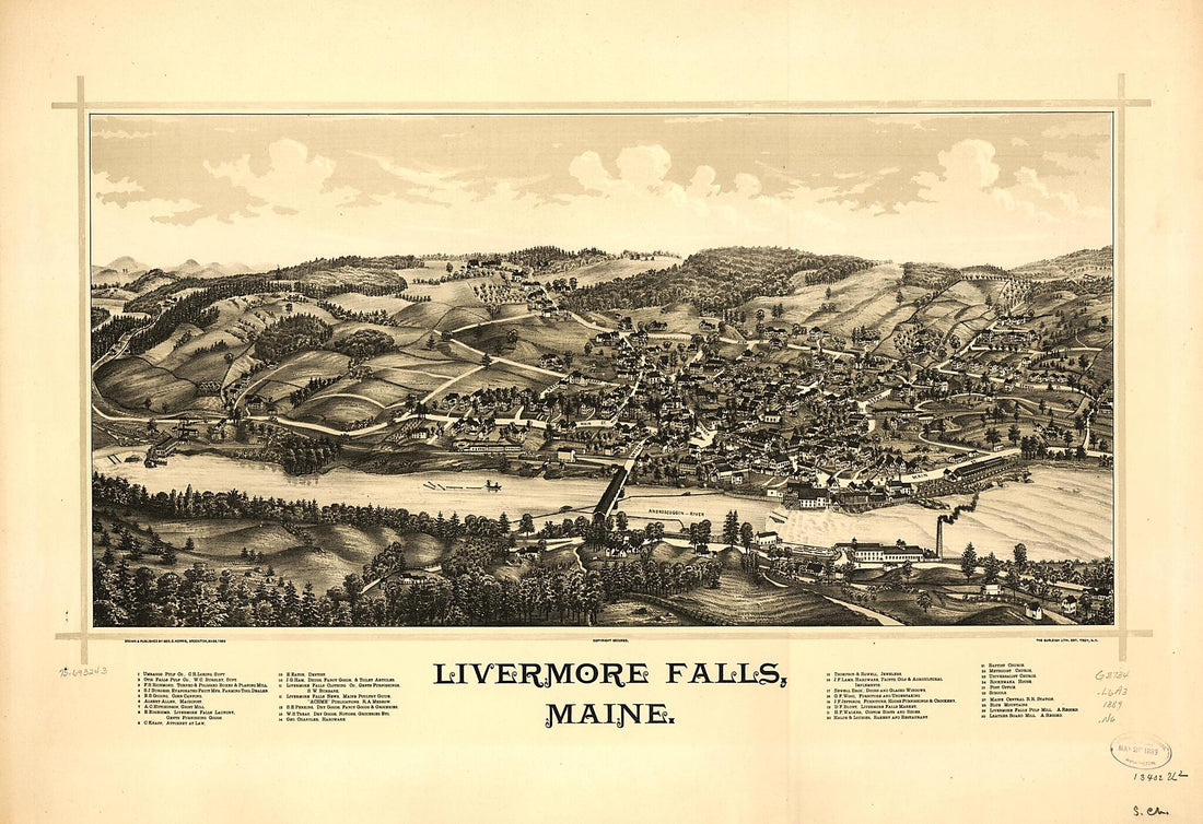 This old map of Livermore Falls, Maine from 1889 was created by Burleigh Litho, George E. Norris in 1889