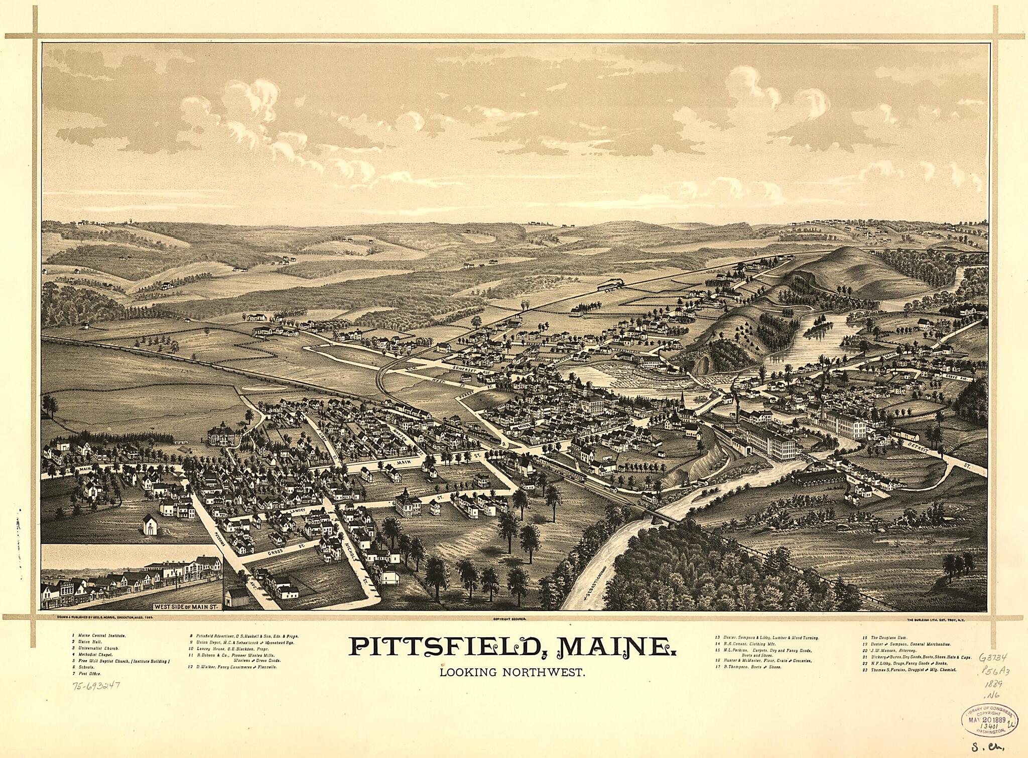 This old map of Pittsfield, Maine from 1889 was created by Burleigh Litho, George E. Norris in 1889