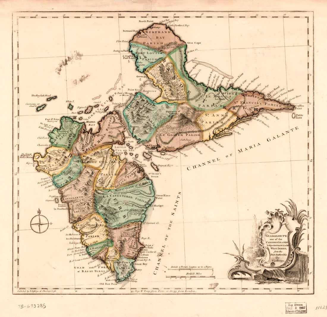 This old map of Guadaloupe One of the Caribbee Islands Subject to France In the West Indies from 1768 was created by Thomas Jefferys in 1768