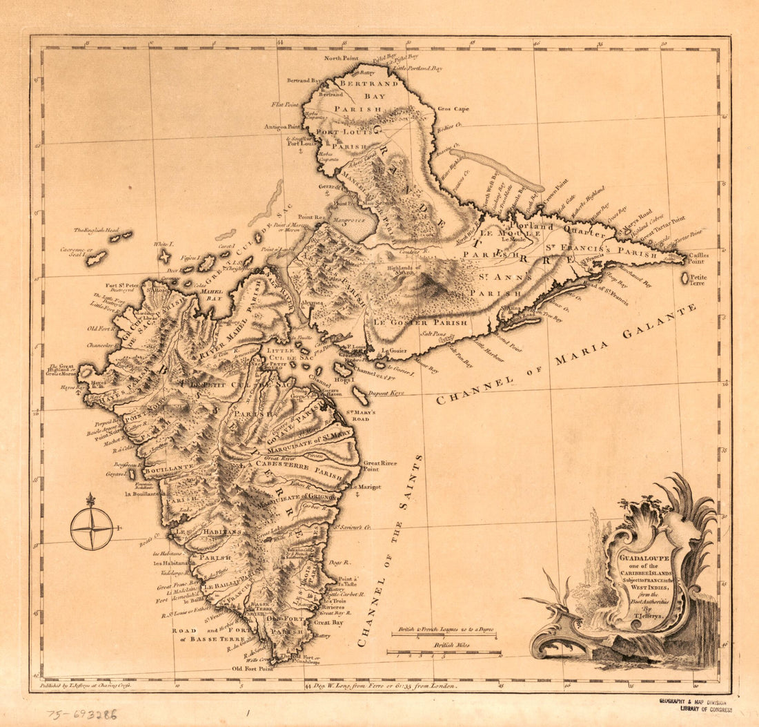 This old map of Guadaloupe One of the Caribbee Islands Subject to France In the West Indies from 1768 was created by Thomas Jefferys in 1768