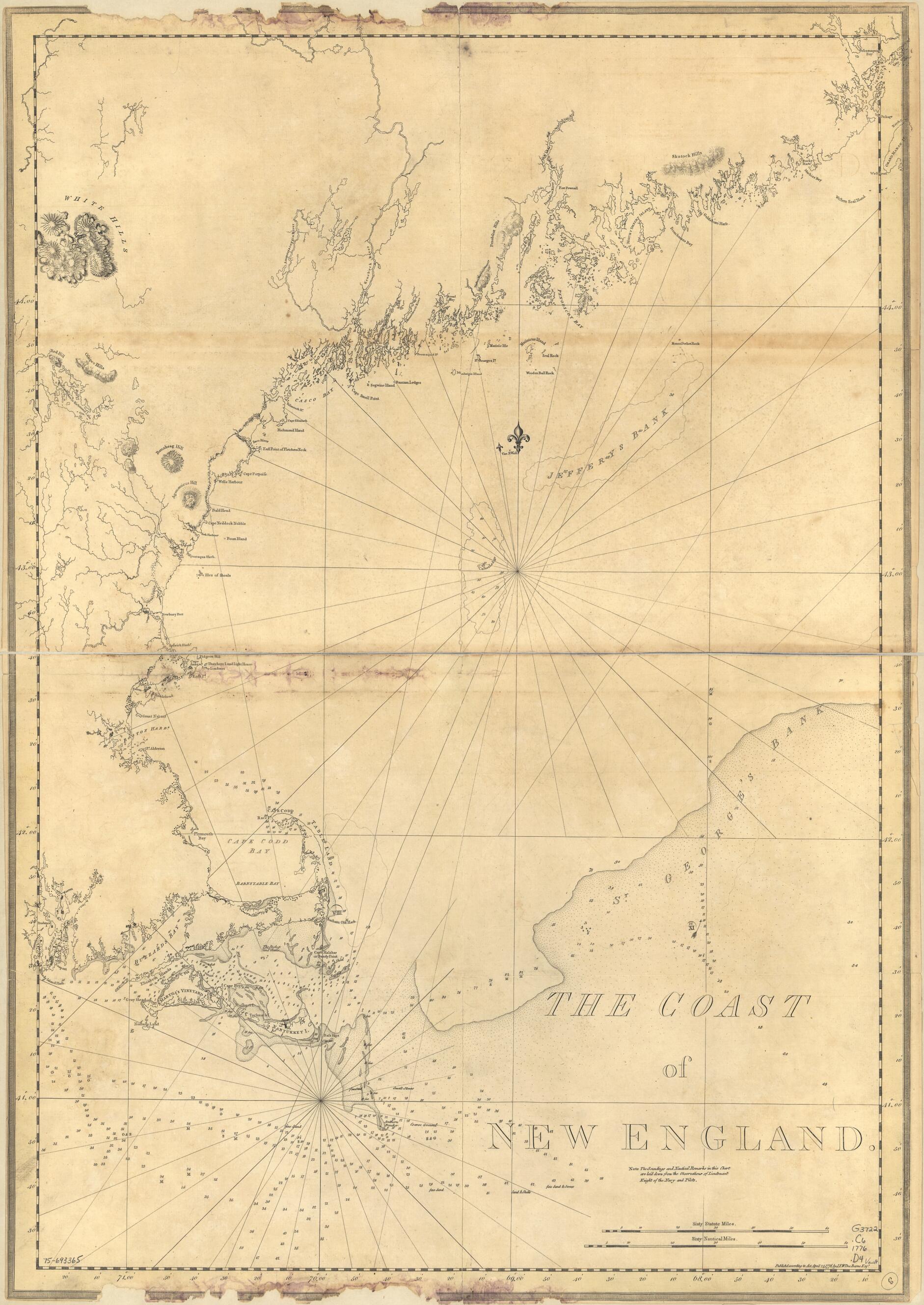 This old map of The Coast of New England from 1776 was created by Joseph F. W. (Joseph Frederick Wallet) Des Barres in 1776