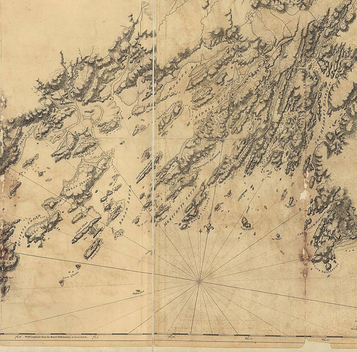 This old map of Coast of Maine from Salter Island to Portland Head from 1776 was created by Joseph F. W. (Joseph Frederick Wallet) Des Barres in 1776