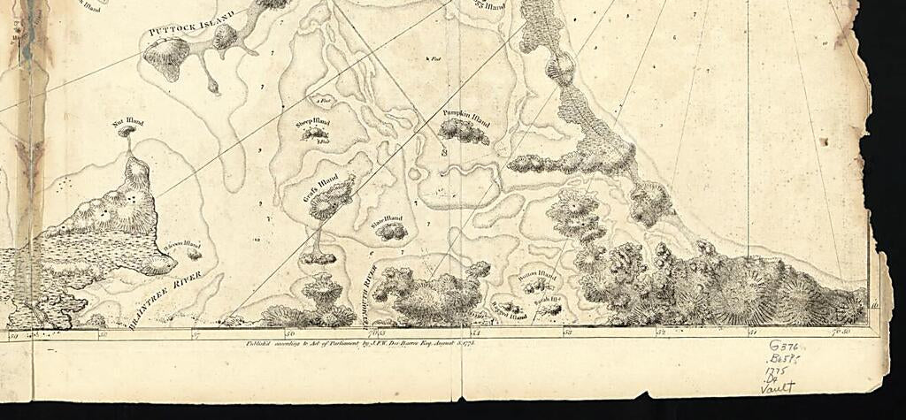 This old map of A Chart of the Harbour of Boston from 1775 was created by Joseph F. W. (Joseph Frederick Wallet) Des Barres in 1775
