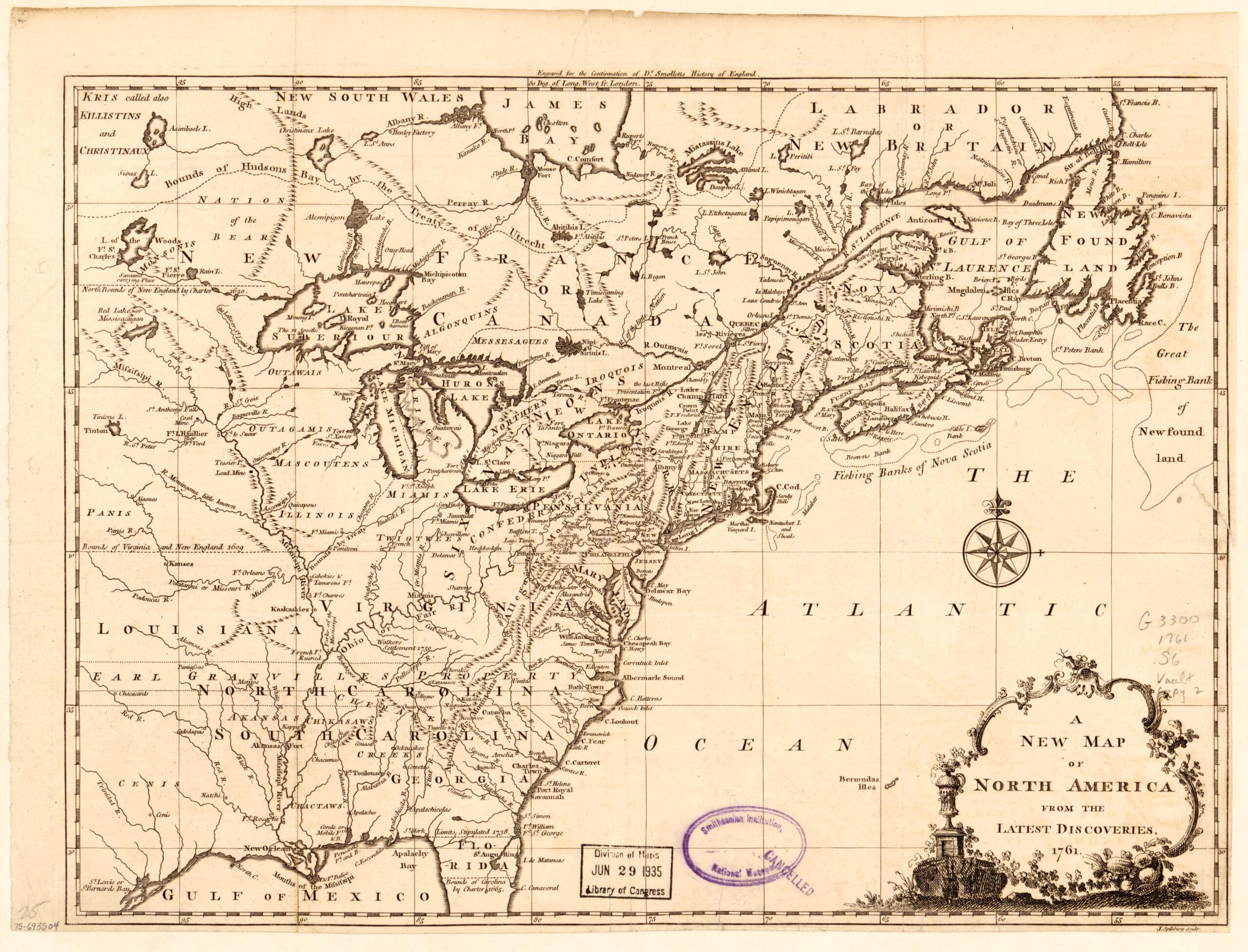 This old map of A New Map of North America from the Latest Discoveries from 1761 was created by John Spilsbury in 1761