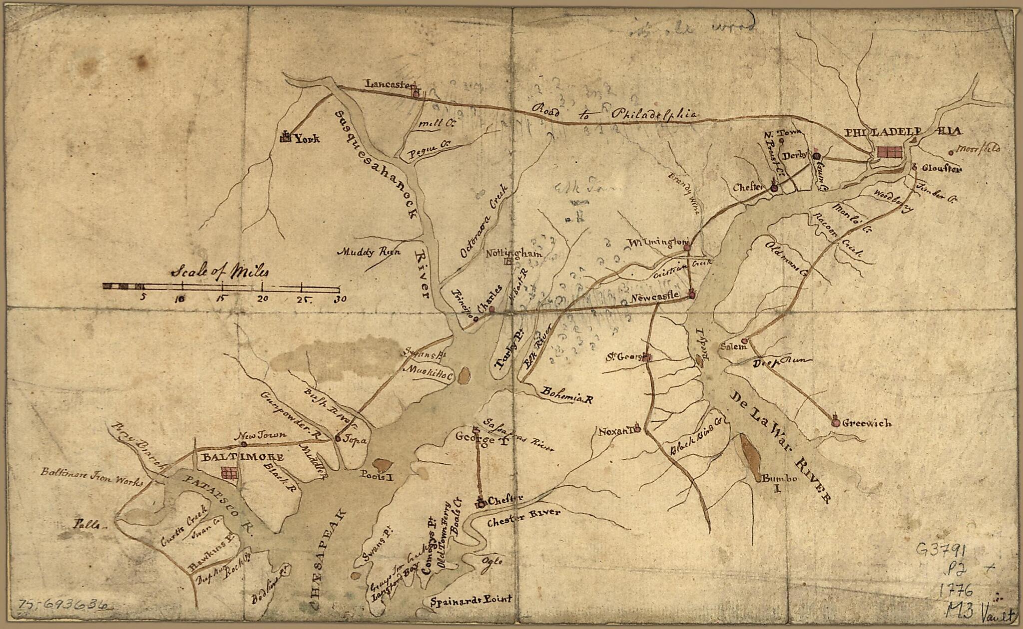 This old map of Map of the Country Between and Bordering the Delaware River and Chesapeake Bay, Showing Roads to Philadelphia and Localities from 1776 was created by in 1776