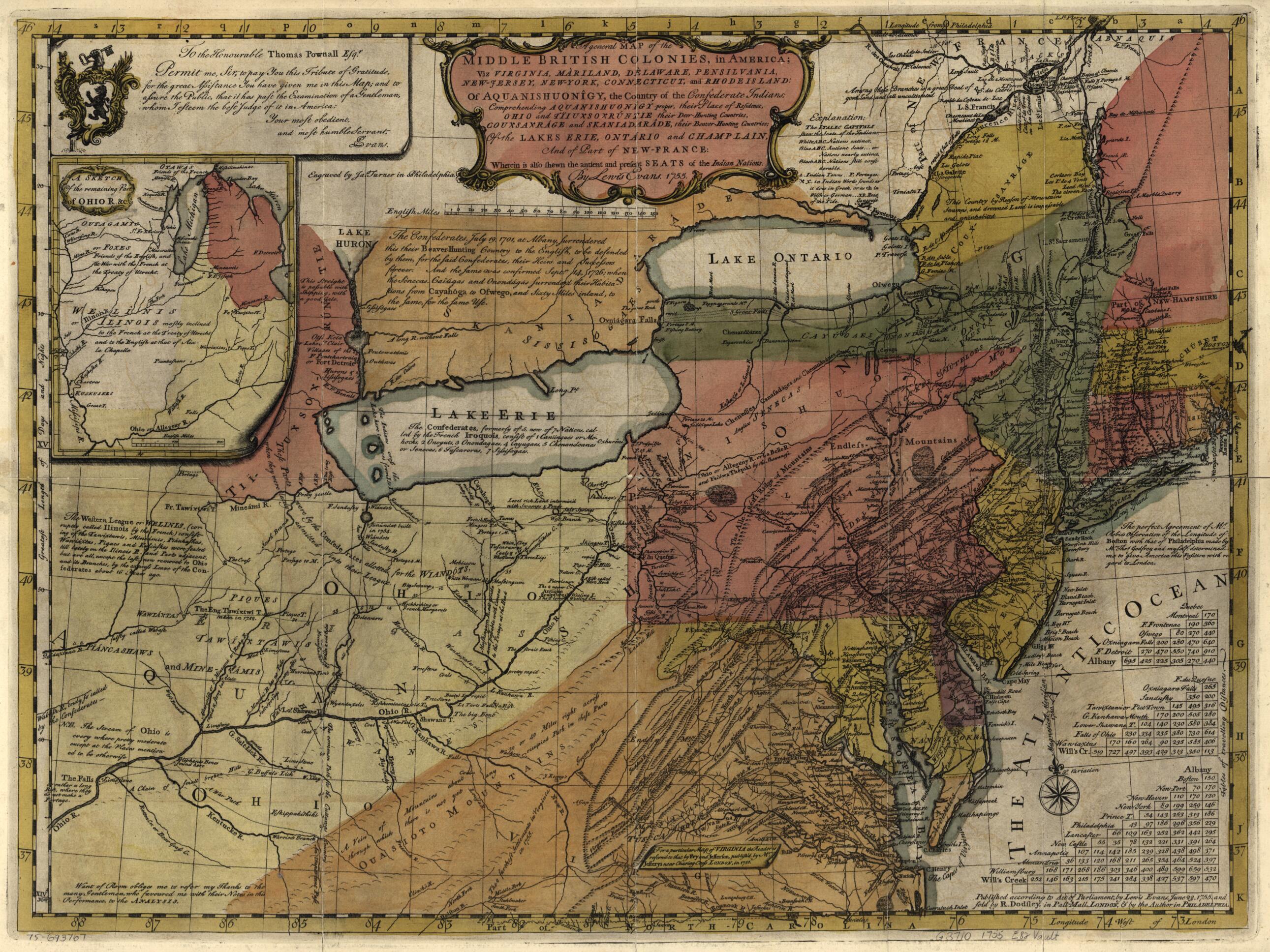 This old map of Jersey, New-York, Connecticut, and Rhode Island: of Aquanishuonîgy, the Country of the Confederate Indians; Comprehending Aquanishuonîgy Proper, Their Place of Residence, Ohio and Tïiuxsoxrúntie Their Deer-hunting Countries; Couxsaxr�