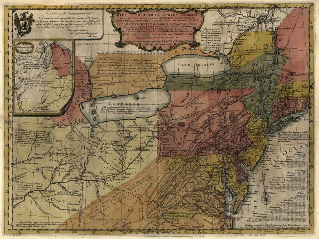 This old map of Jersey, New-York, Connecticut, and Rhode Island: of Aquanishuonîgy, the Country of the Confederate Indians; Comprehending Aquanishuonîgy Proper, Their Place of Residence, Ohio and Tïiuxsoxrúntie Their Deer-hunting Countries; Couxsaxr�