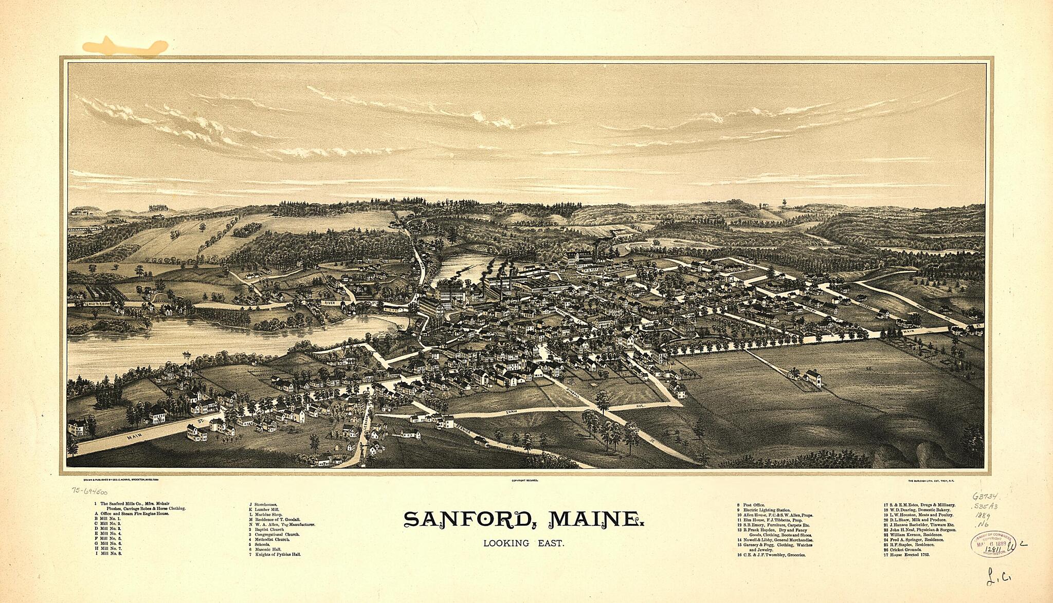 This old map of Sanford, Maine from 1889 was created by Burleigh Litho, George E. Norris in 1889