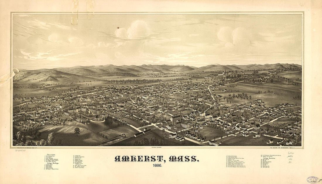 This old map of Amherst, Massachusetts from 1886 was created by Burleigh Litho, L. R. (Lucien R.) Burleigh in 1886