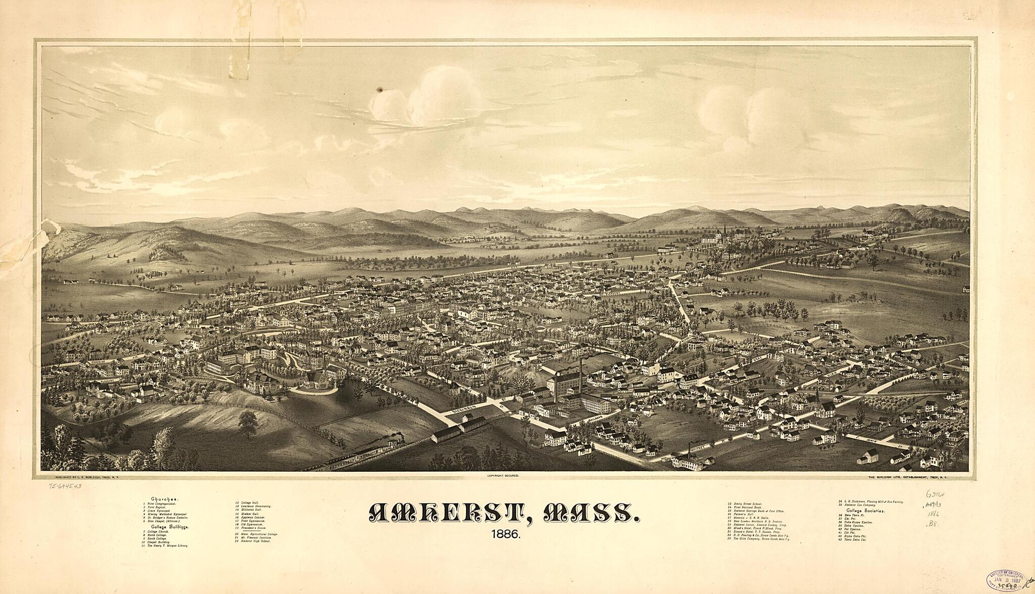 This old map of Amherst, Massachusetts from 1886 was created by Burleigh Litho, L. R. (Lucien R.) Burleigh in 1886
