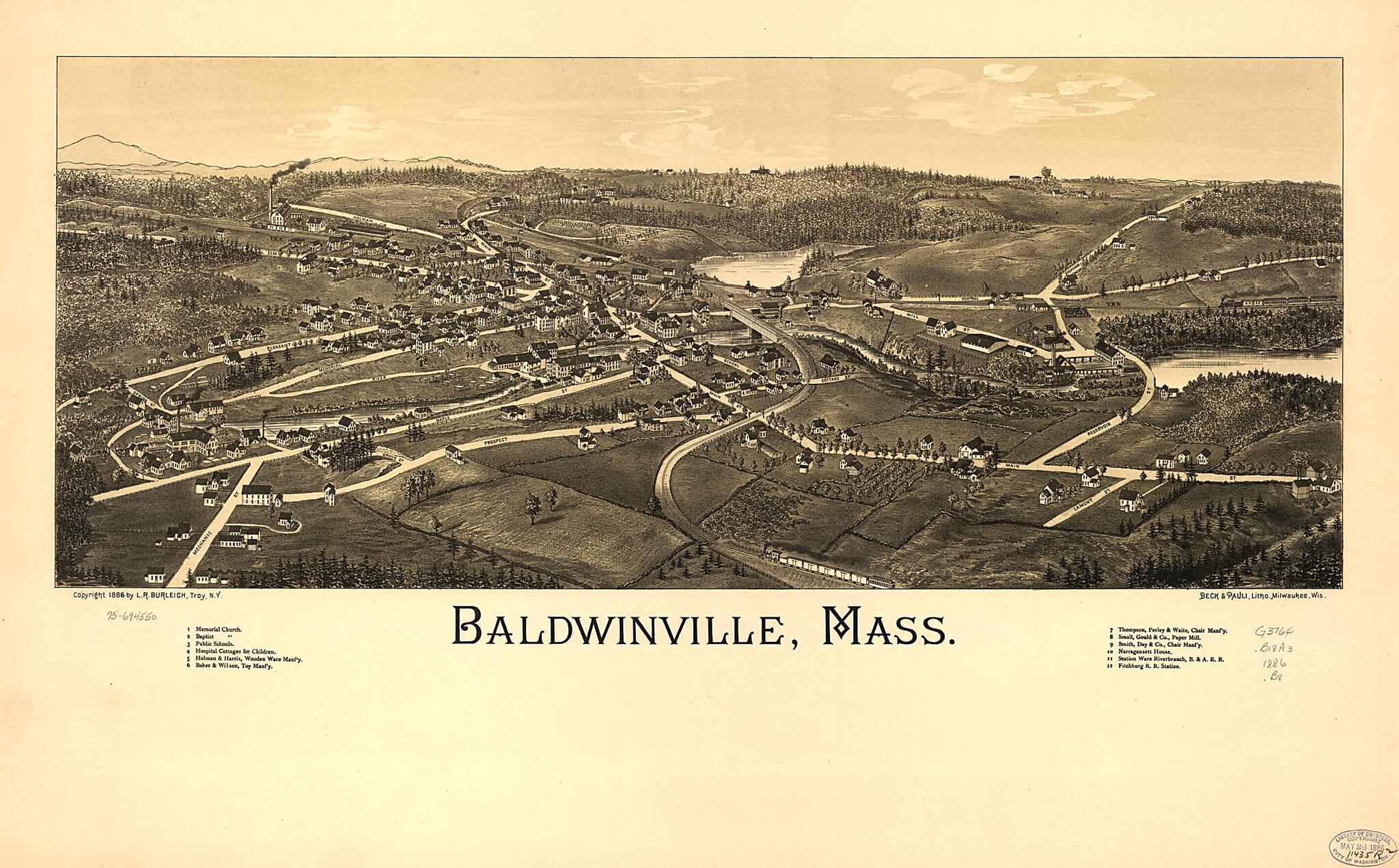 This old map of Baldwinville, Massachusetts from 1886 was created by Beck & Pauli, L. R. (Lucien R.) Burleigh in 1886