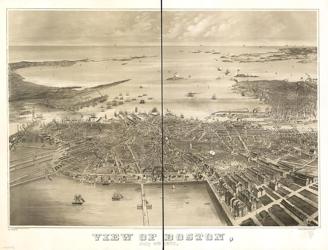 This old map of View of Boston, July 4th from 1870 was created by F. Fuchs, New England Lith. Co, John Weik in 1870
