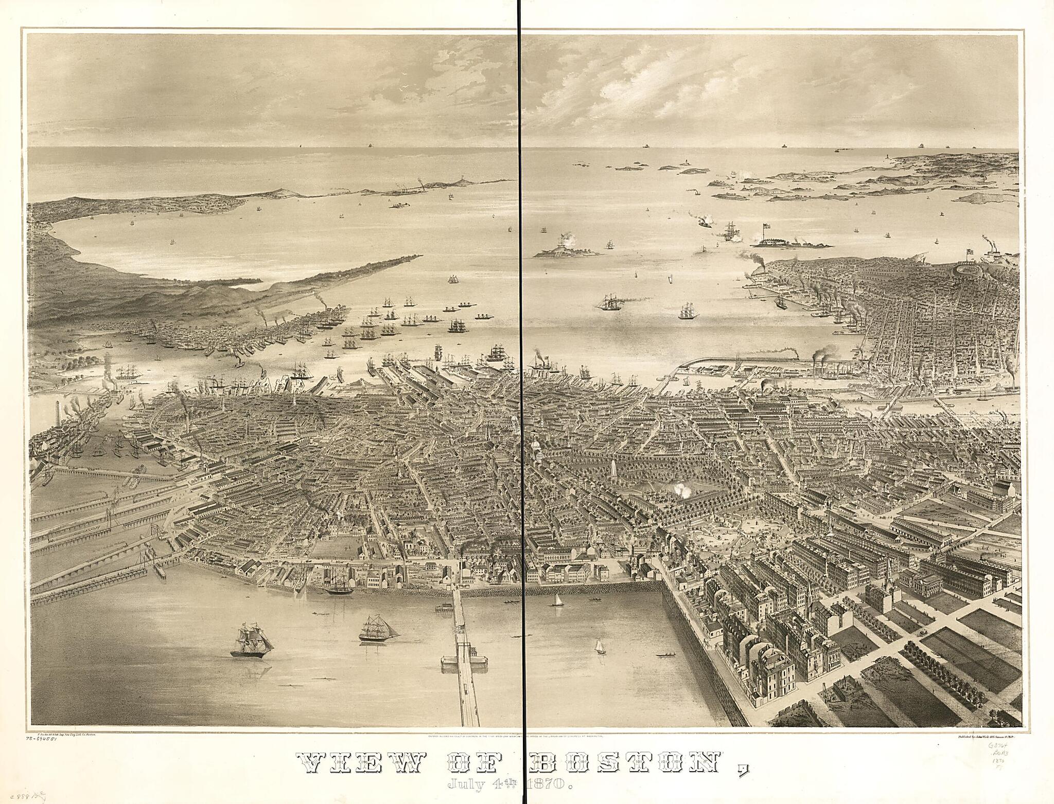 This old map of View of Boston, July 4th from 1870 was created by F. Fuchs, New England Lith. Co, John Weik in 1870