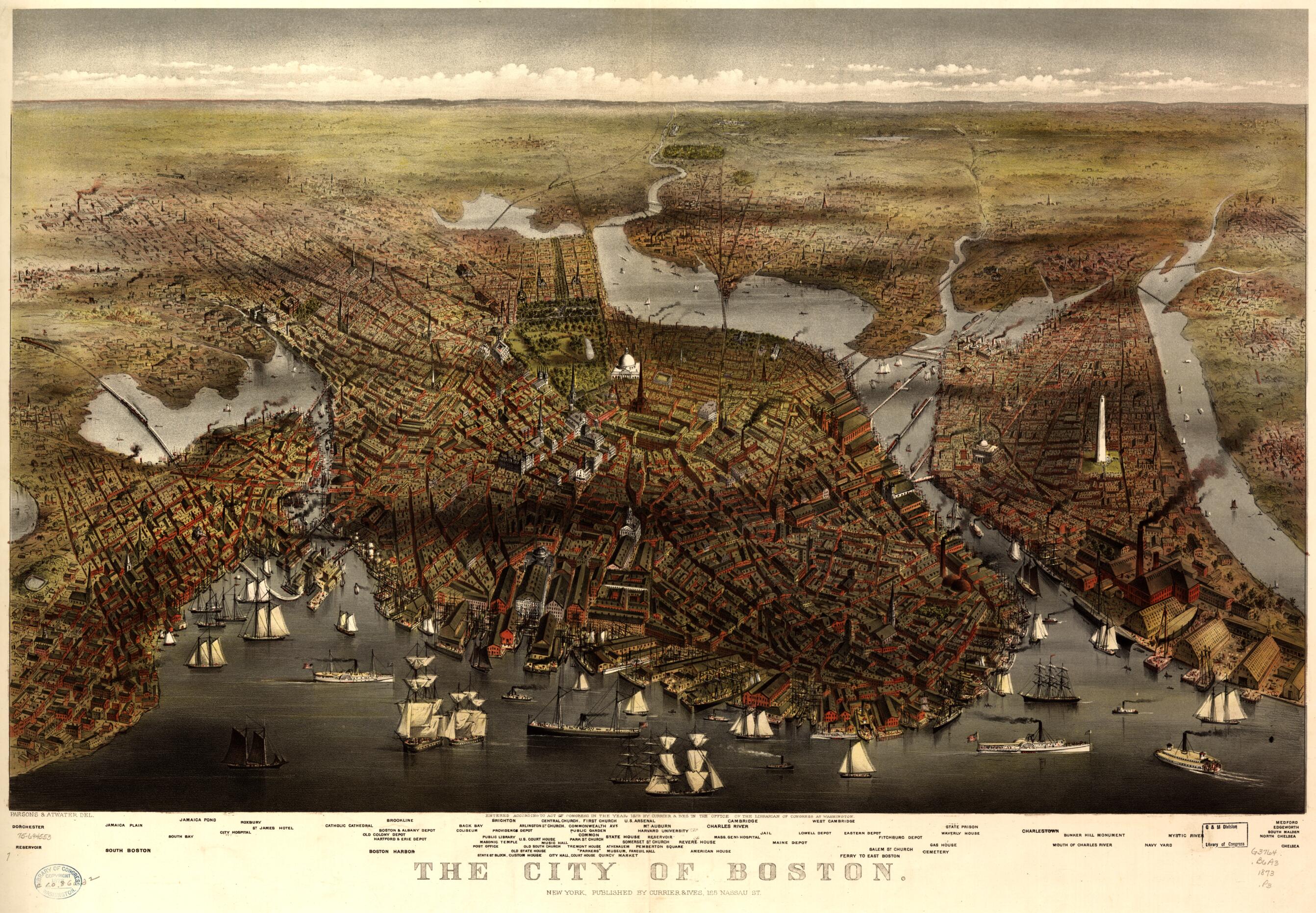 This old map of The City of Boston from 1873 was created by Currier & Ives, Parsons & Atwater in 1873