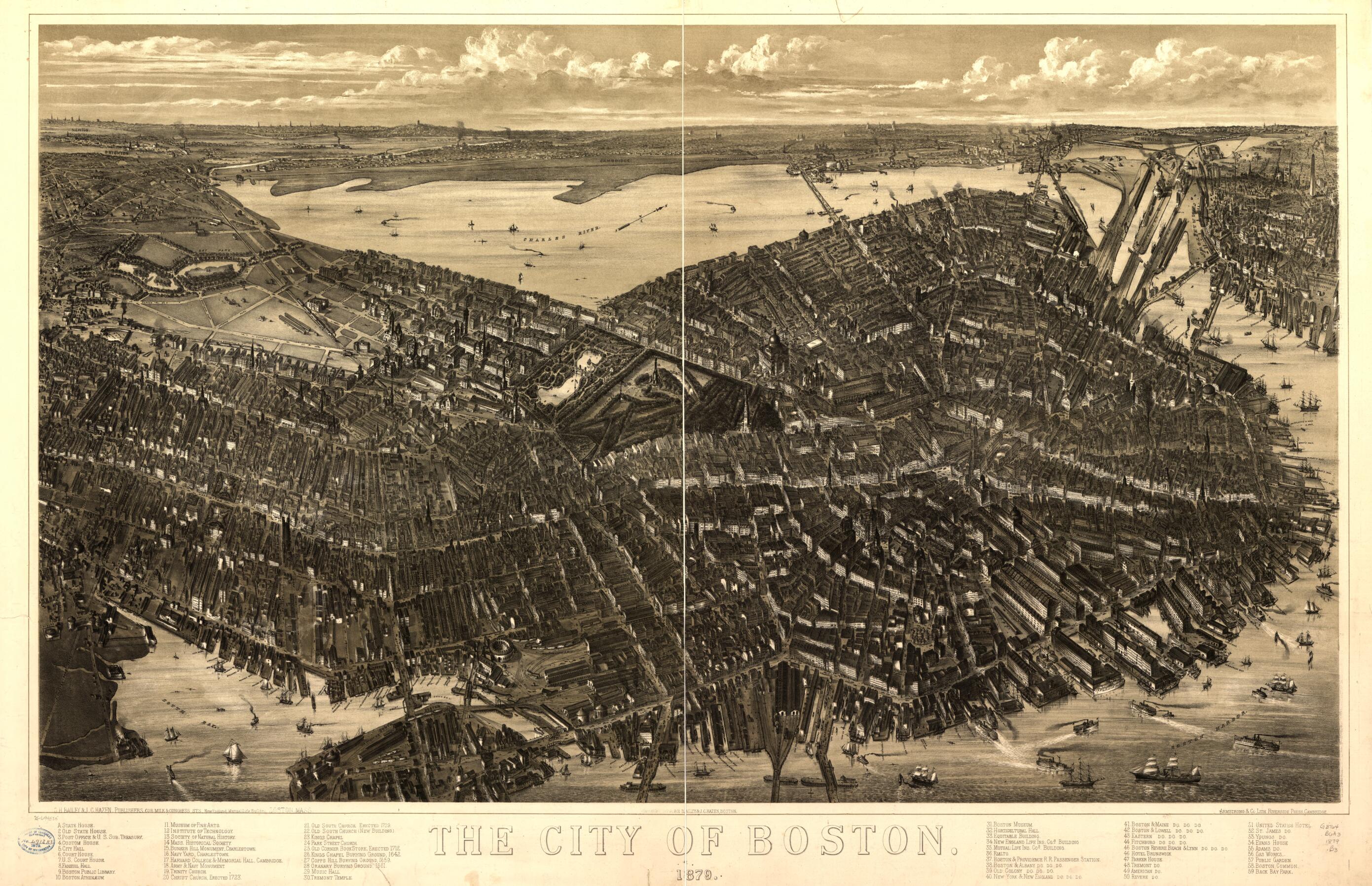This old map of The City of Boston 1879 from 1877 was created by Mass.) Armstrong & Co. (Boston, O. H. (Oakley Hoopes) Bailey, J. C. Hazen, Mass.) Riverside Press (Cambridge in 1877