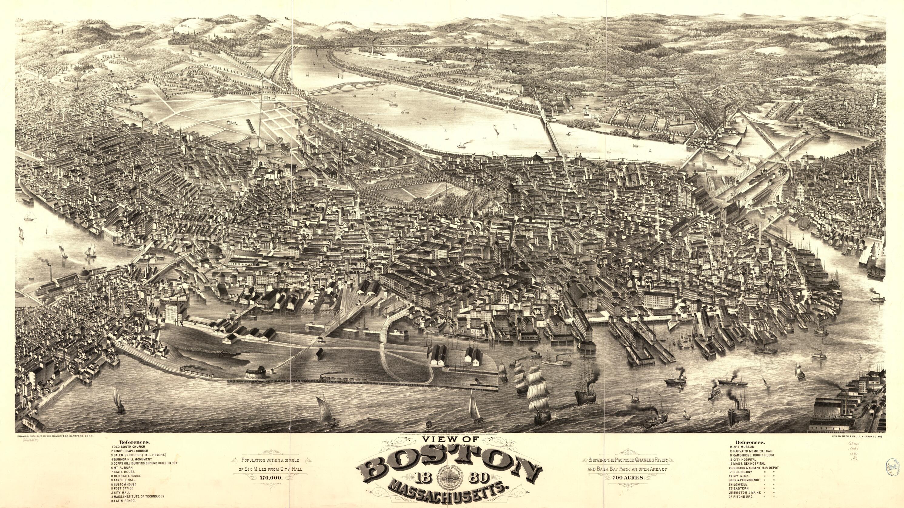 This old map of View of Boston, Massachusetts from 1880 was created by Beck & Pauli, H.H. Rowley & Co in 1880