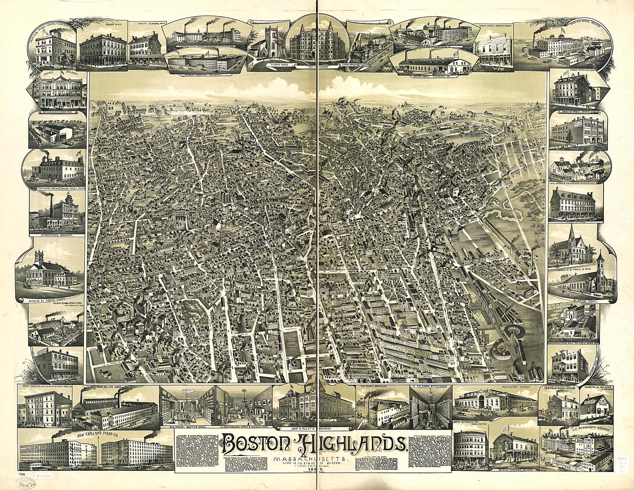 This old map of Boston Highlands, Massachusetts. Wards 19, 20, 21 & 22 of Boston from 1888 was created by Favour, O.H. Bailey & Co in 1888
