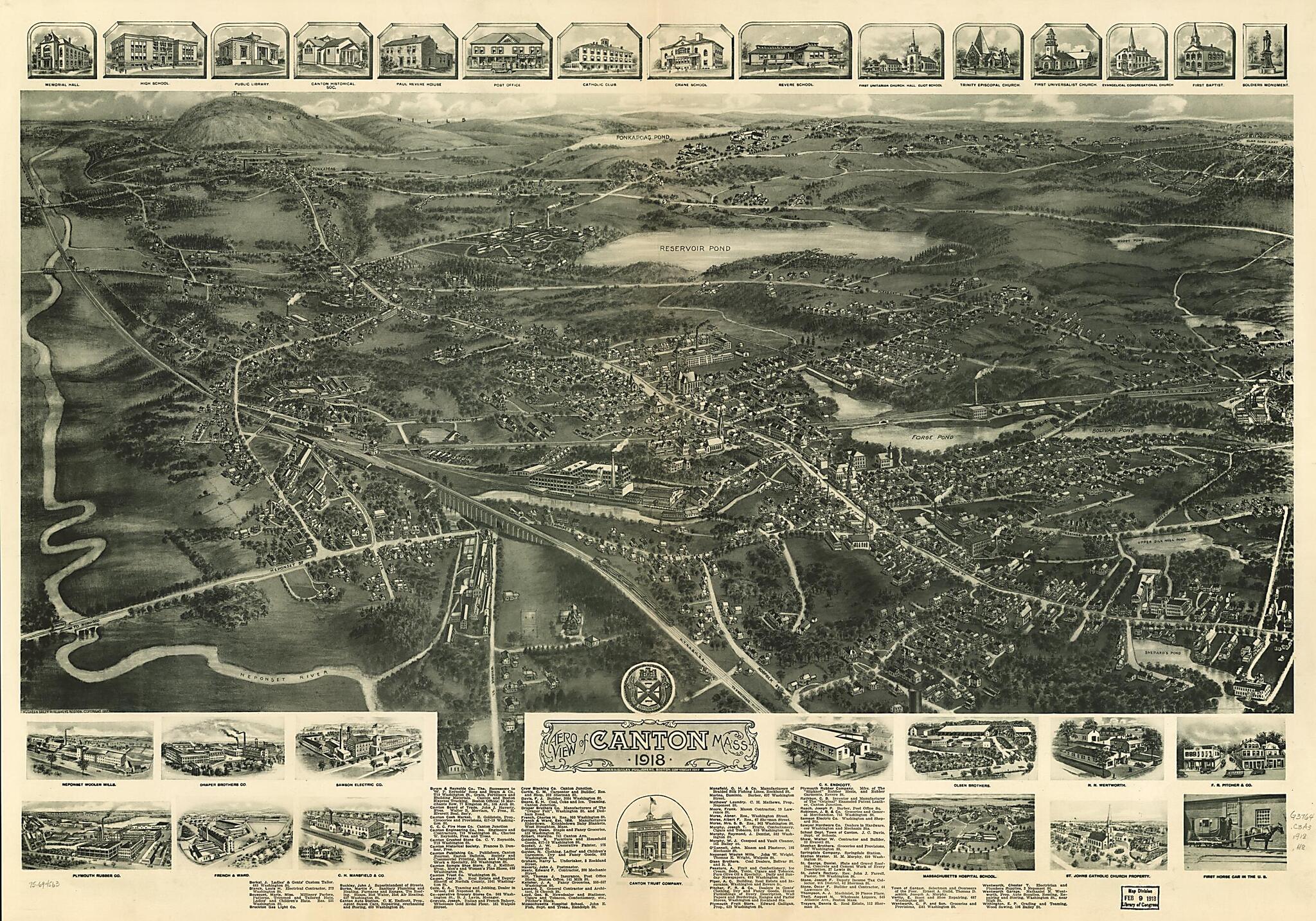 This old map of Aero View of Canton, Massachusetts from 1918 was created by Hughes & Bailey in 1918
