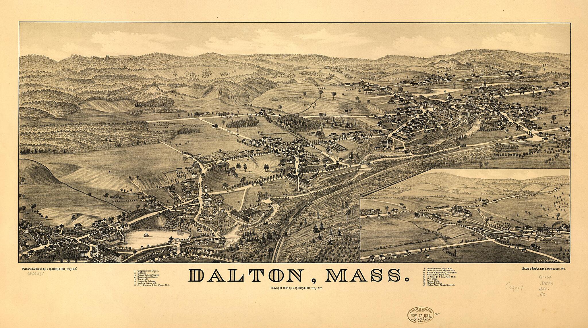 This old map of Dalton, Massachusetts from 1884 was created by Beck & Pauli, L. R. (Lucien R.) Burleigh in 1884