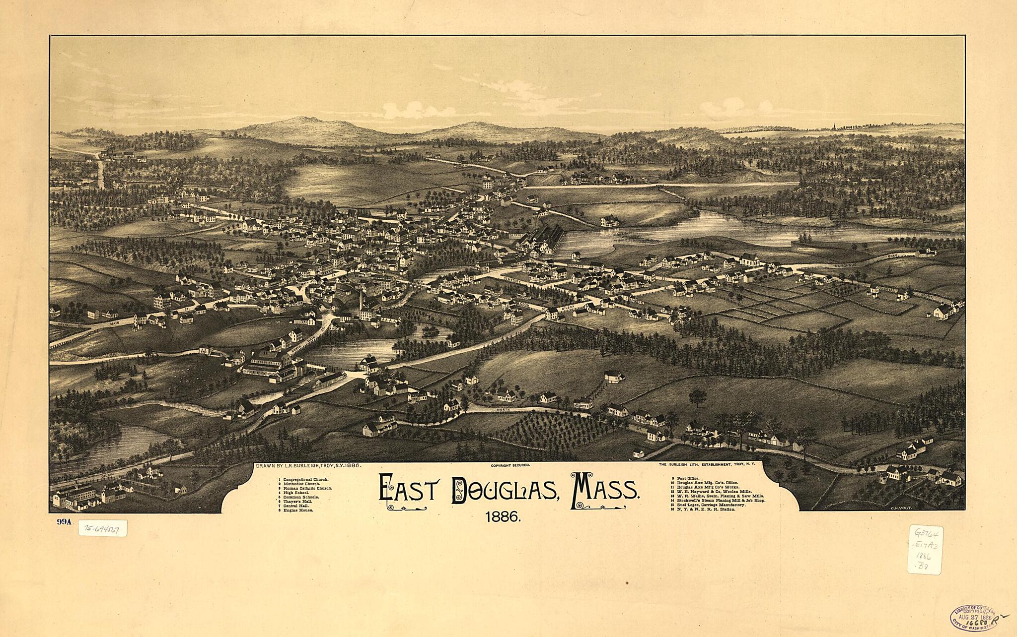 This old map of East Douglas, Massachusetts from 1886 was created by Burleigh Litho, L. R. (Lucien R.) Burleigh, C.H. Vogt (Firm) in 1886