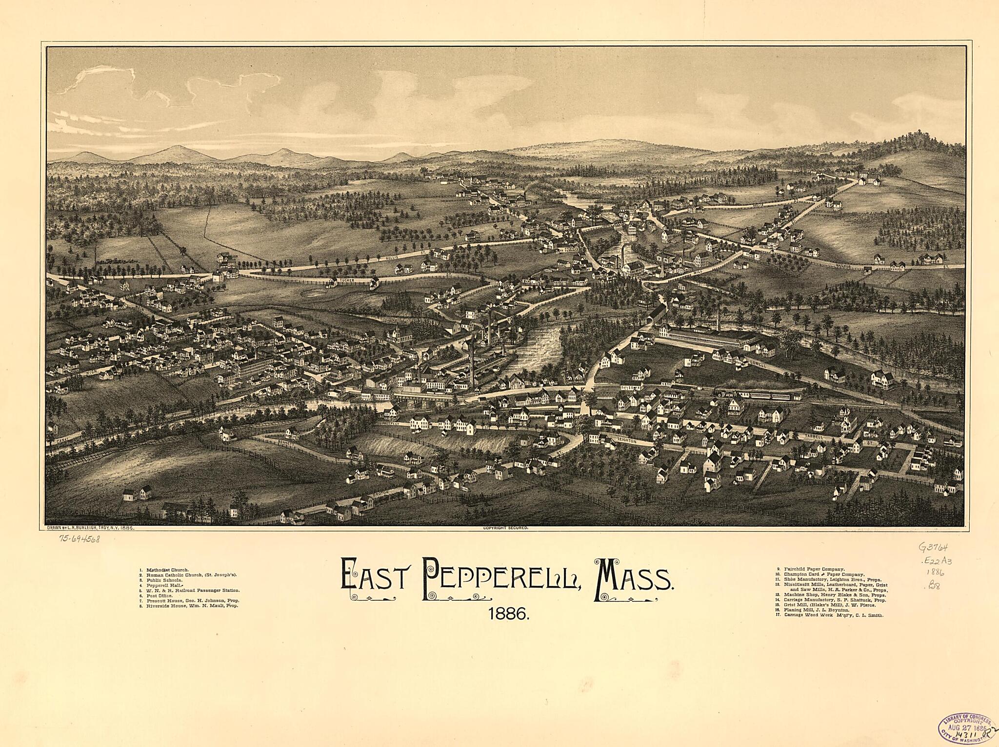 This old map of East Pepperell, Massachusetts from 1886 was created by L. R. (Lucien R.) Burleigh, C.H. Vogt (Firm) in 1886