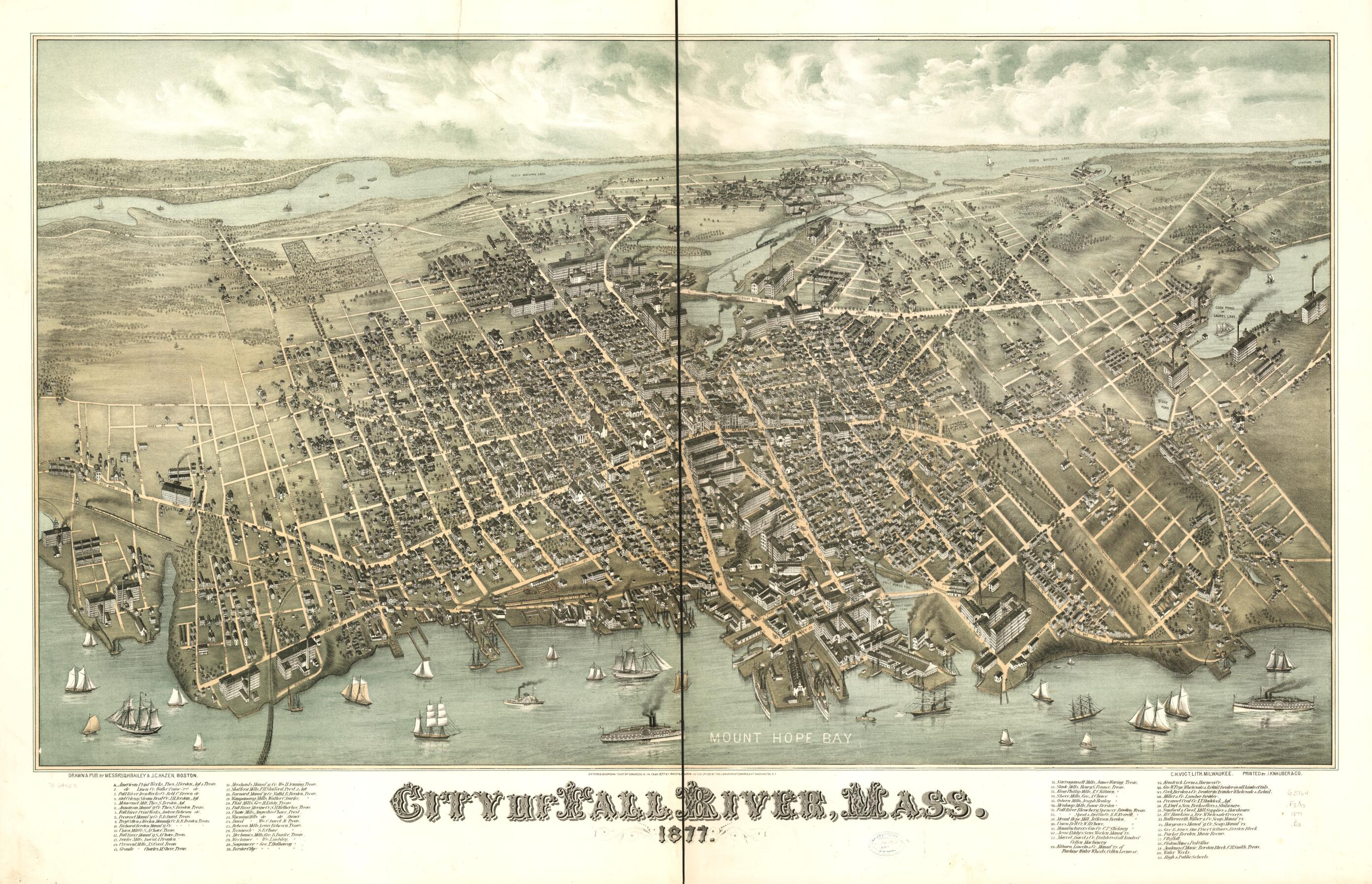 This old map of City of Fall River, Massachusetts from 1877 was created by O. H. (Oakley Hoopes) Bailey, C.H. Vogt (Firm), J. C. Hazen, J. Knauber & Co in 1877