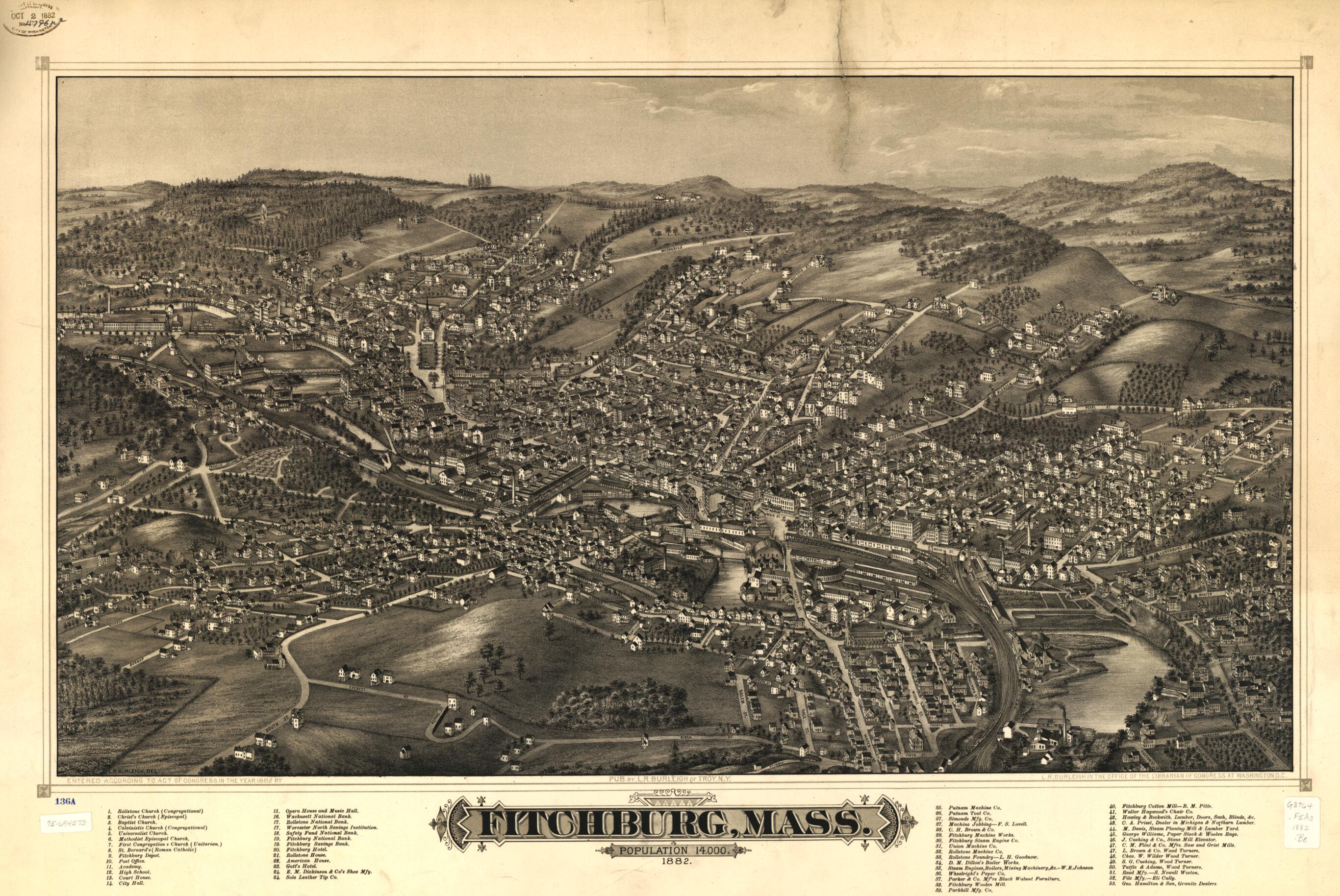 This old map of Fitchburg, Massachusetts from 1882 was created by L. R. (Lucien R.) Burleigh, C.H. Vogt (Firm) in 1882