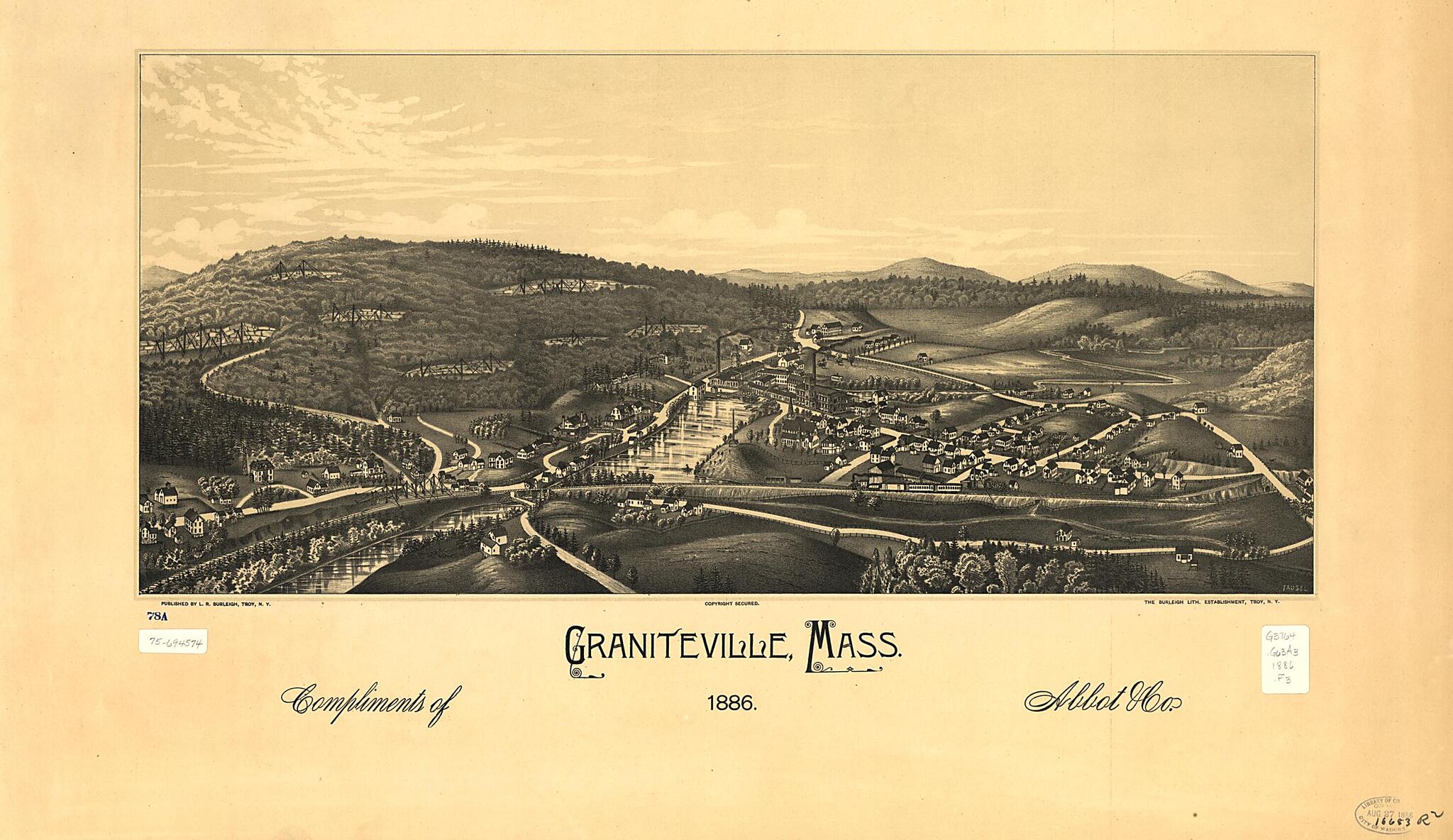 This old map of Graniteville, Massachusetts from 1886 was created by Burleigh Litho, L. R. (Lucien R.) Burleigh, C. (Christian) Fausel in 1886