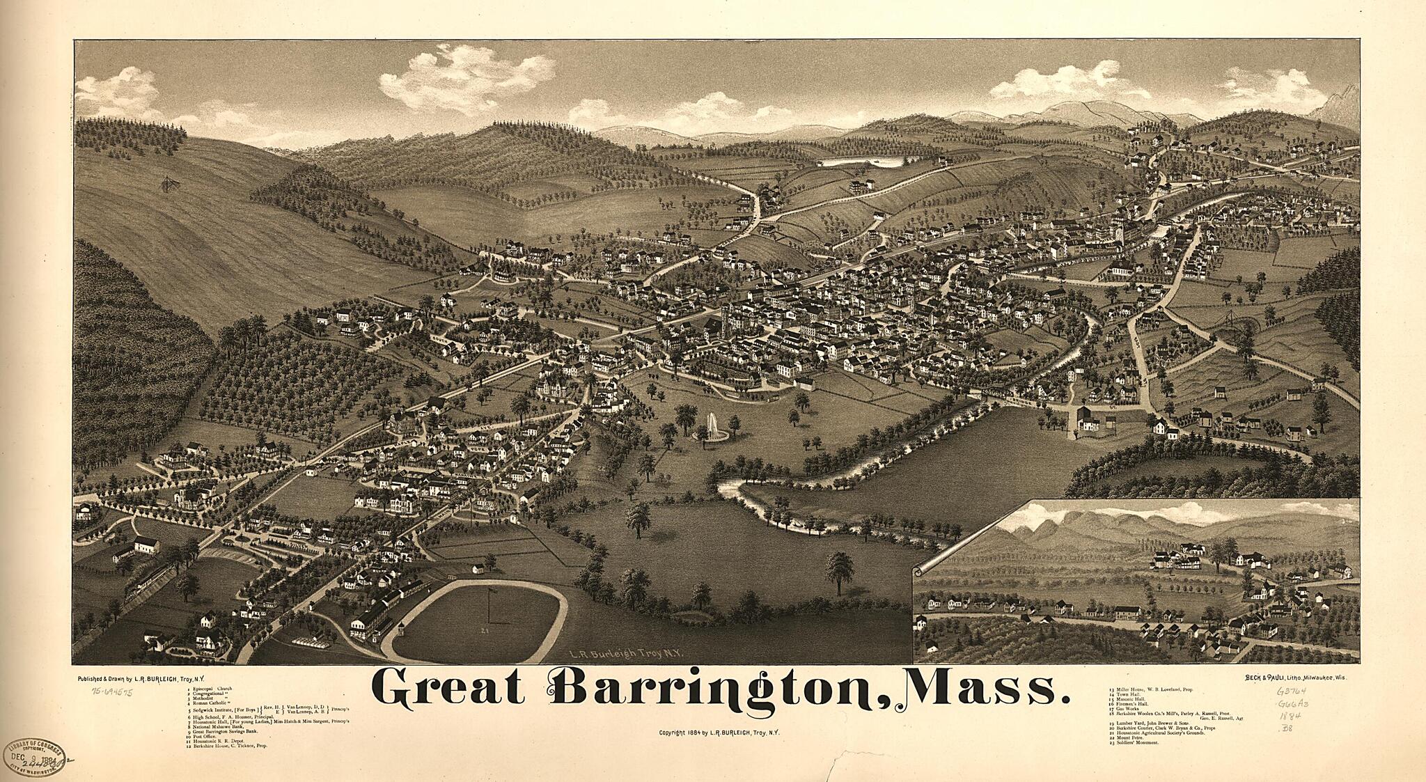 This old map of Great Barrington, Massachusetts from 1884 was created by Beck & Pauli, L. R. (Lucien R.) Burleigh in 1884