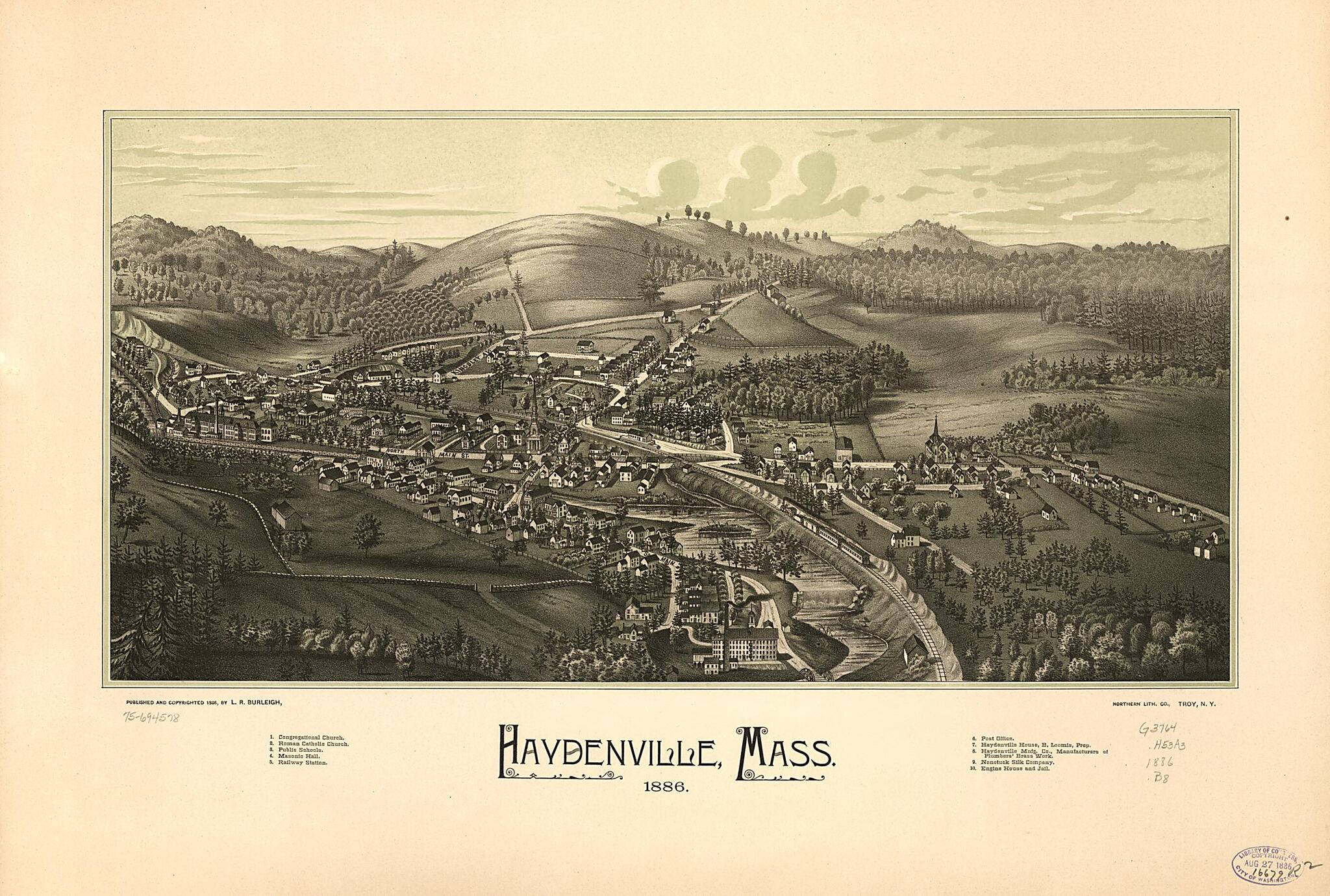 This old map of Haydenville, Massachusetts from 1886 was created by L. R. (Lucien R.) Burleigh, Northern Lith. Co in 1886