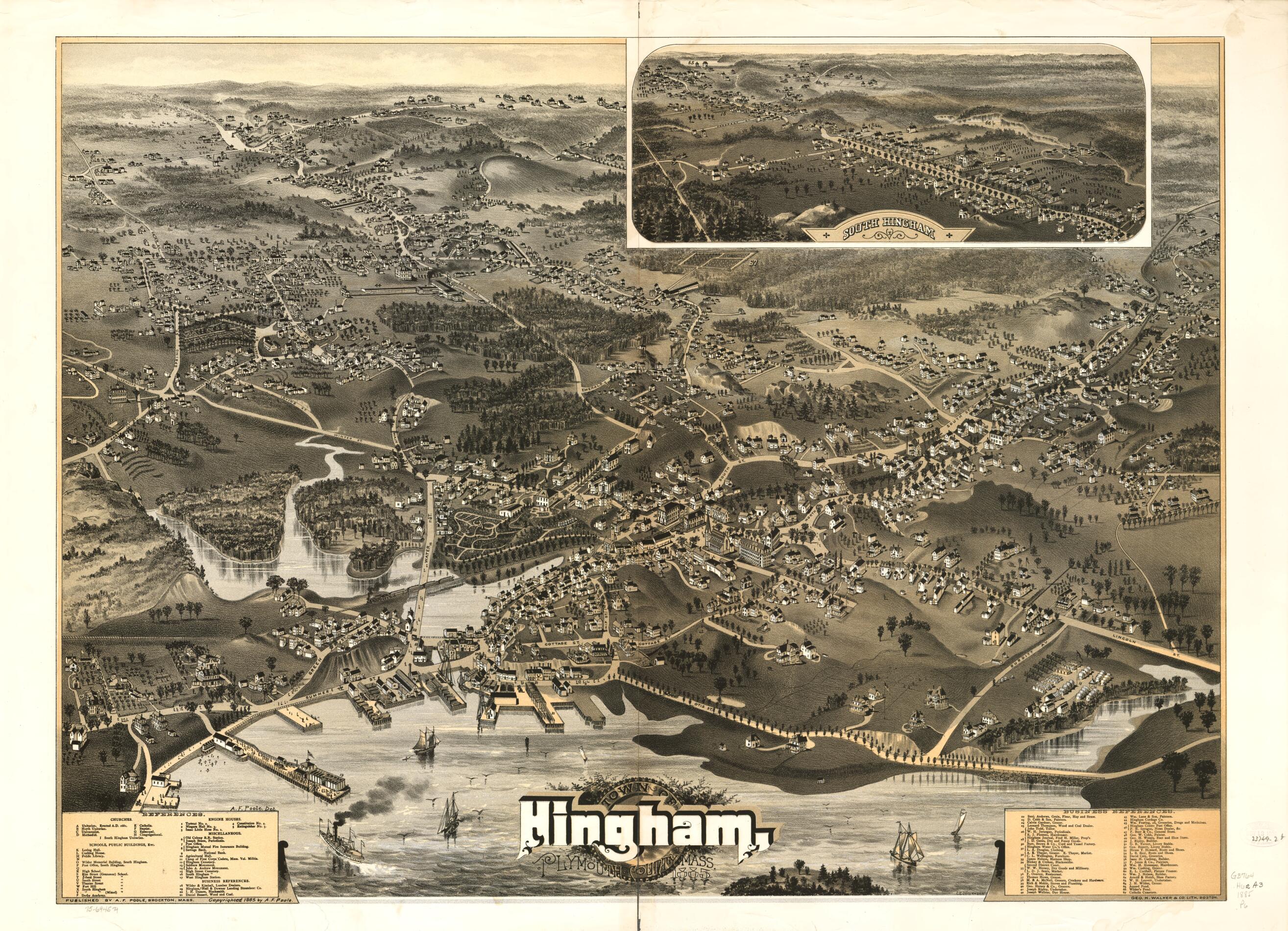 This old map of Town of Hingham, Plymouth County, Massachusetts from 1885 was created by Geo. H. Walker & Co, A. F. Poole in 1885