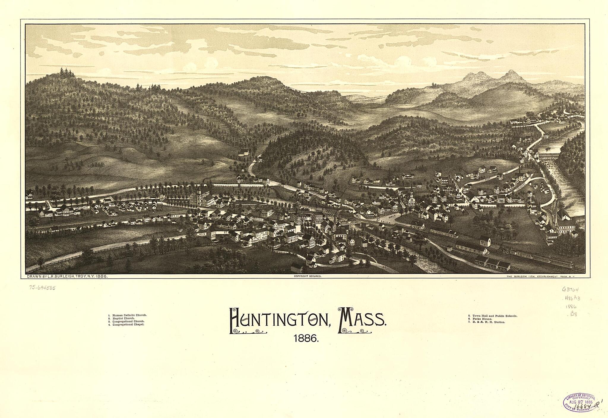 This old map of Huntington, Massachusetts from 1886 was created by Burleigh Litho, L. R. (Lucien R.) Burleigh in 1886
